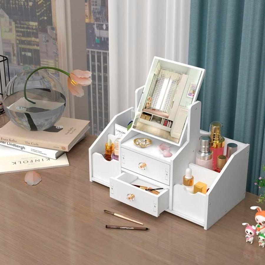 Organizador De Cosméticos Multifuncional Con Espejo 2 Cajones Rotación 360-4