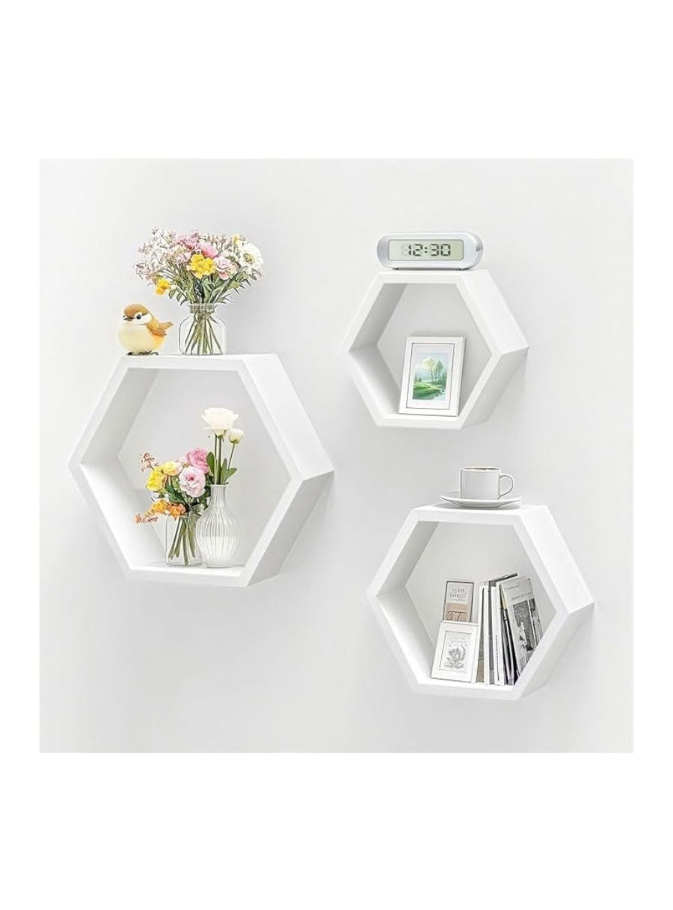 Set 3 Repisas Estante Flotantes Hexagonales de Madera Decorativo Moderno-2