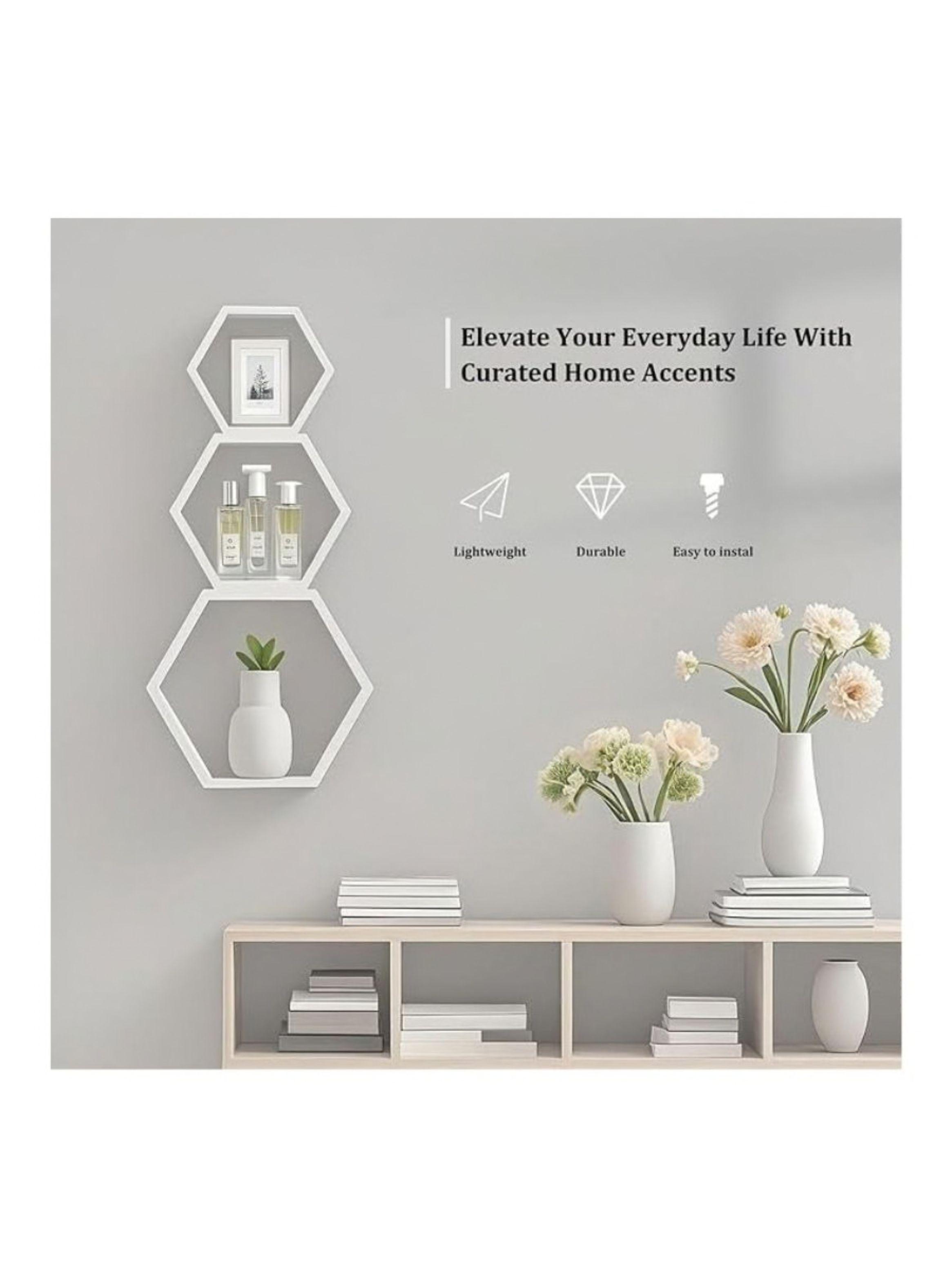 Set 3 Repisas Estante Flotantes Hexagonales de Madera Decorativo Moderno-4