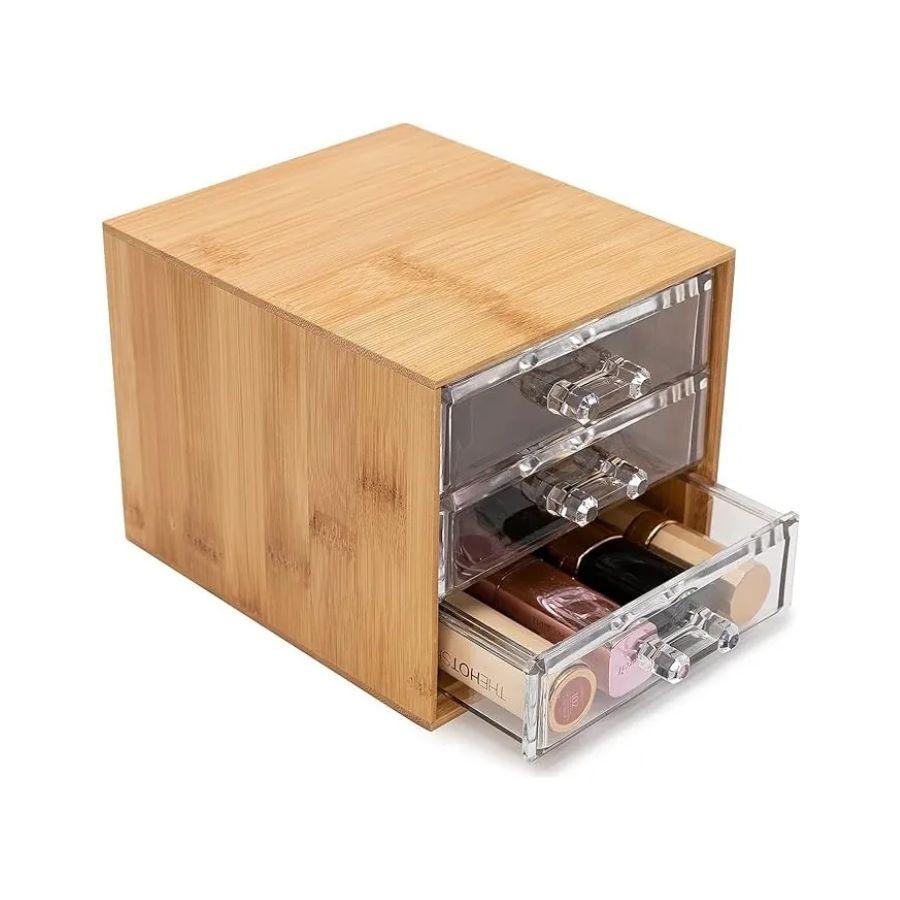 Mini Organizador Bambú 3 Cajones Acrilico Manija Resistente-2