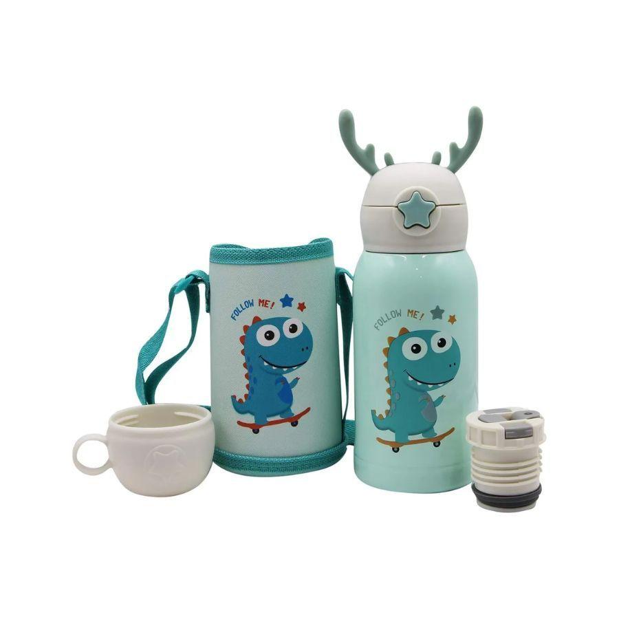 Botella De Agua Térmica Portatil 500ml Dinosaurio Azul Infantil-3