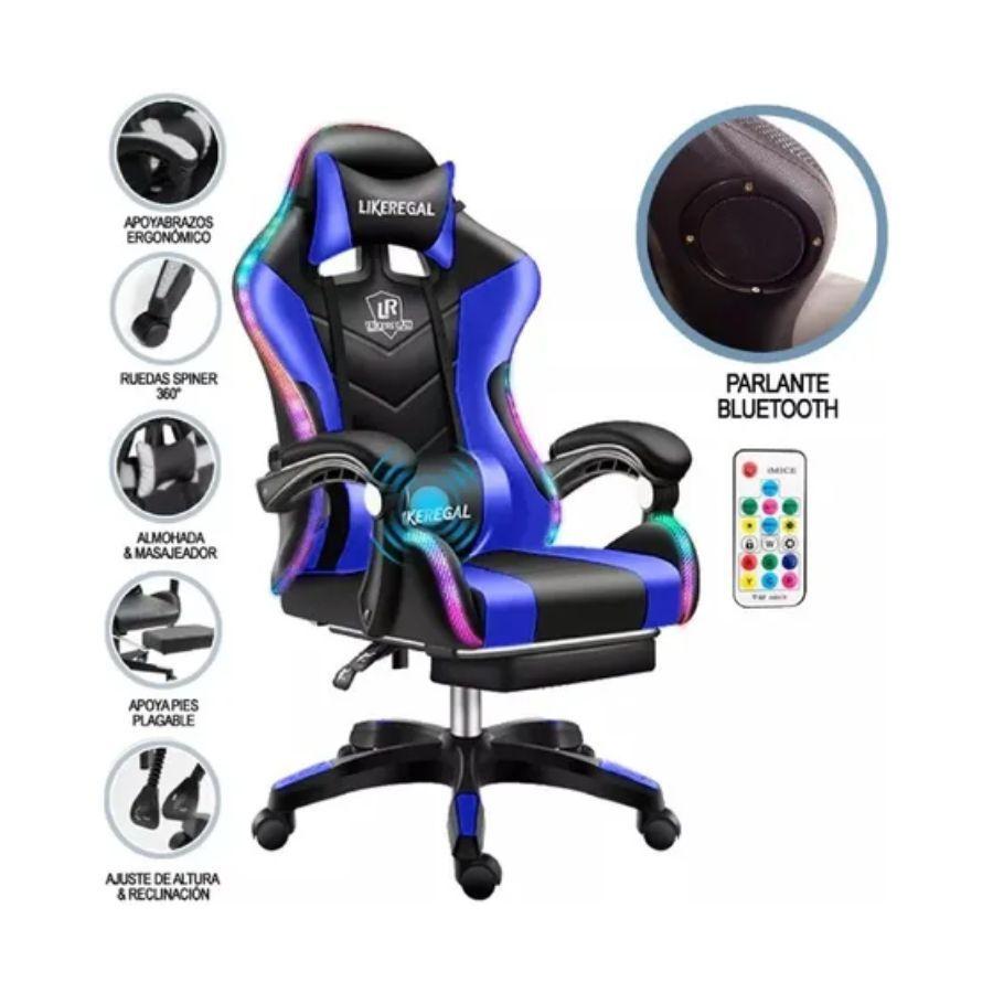 Silla De Escritorio Gamer Ergonómica Luz Led Rgb Y Masajeador Azul-2