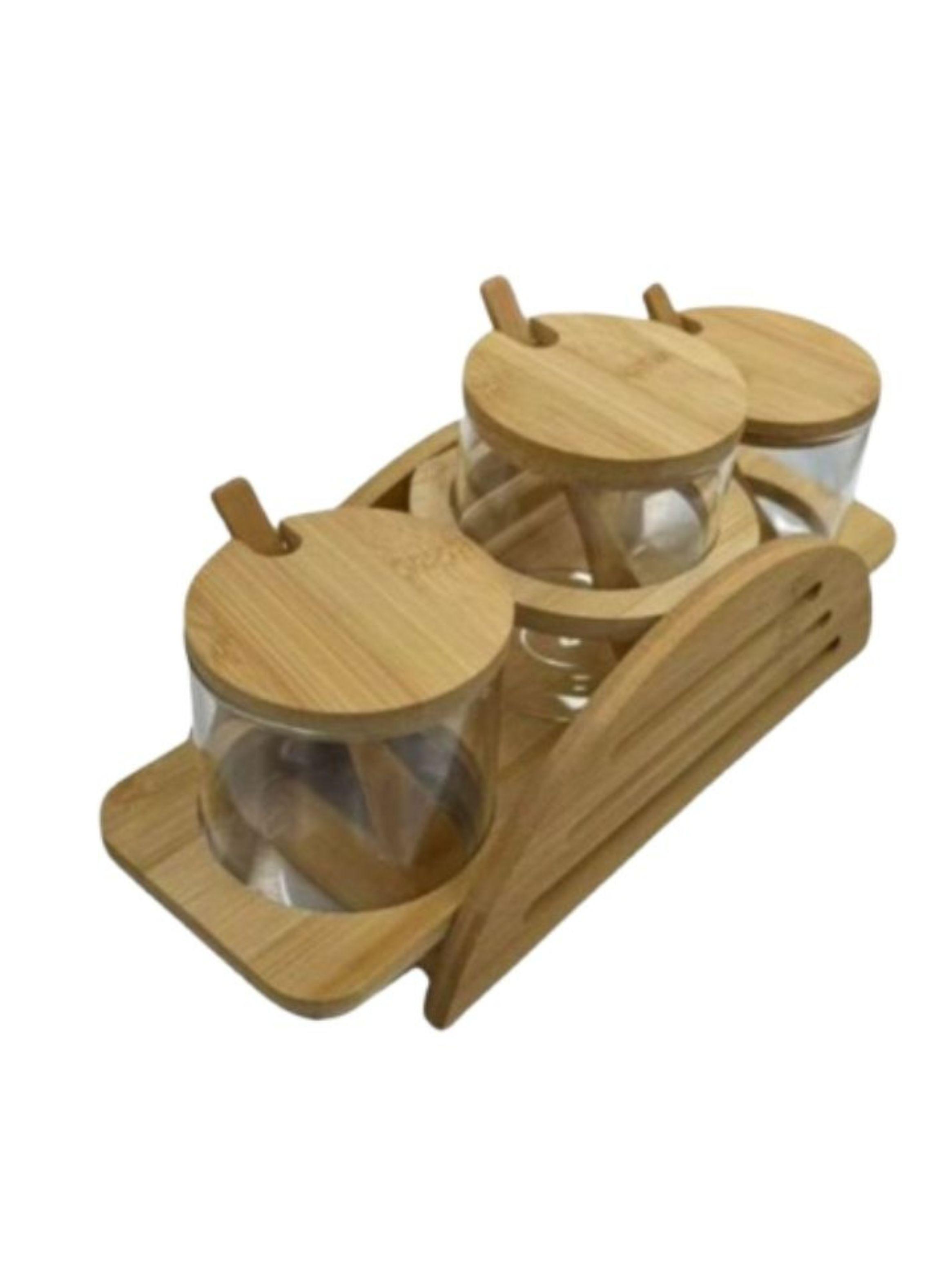 Set 3 Frascos Para Condimentos Vidrio Tapa Bambu Con Soporte-0