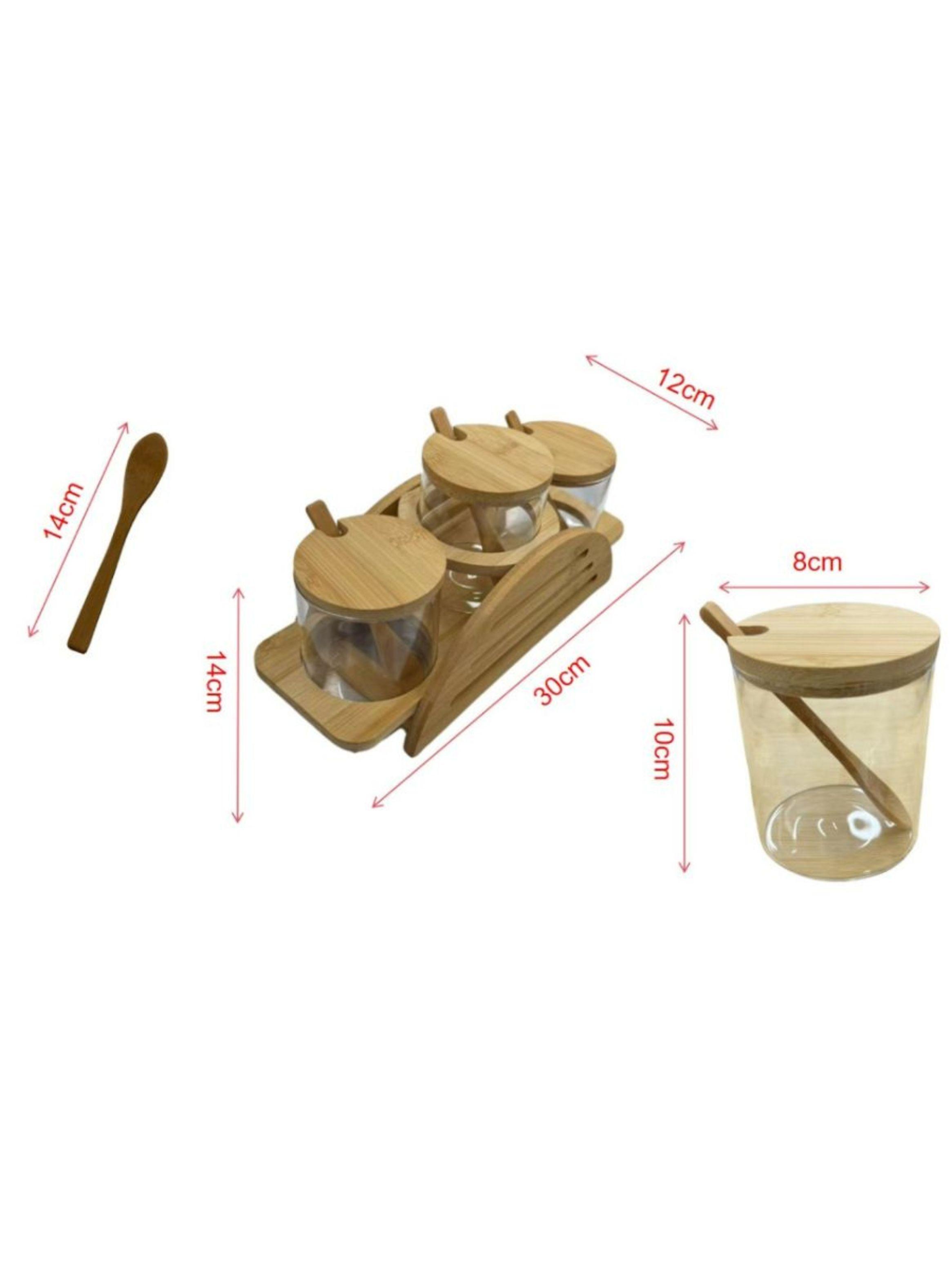 Set 3 Frascos Para Condimentos Vidrio Tapa Bambu Con Soporte-2