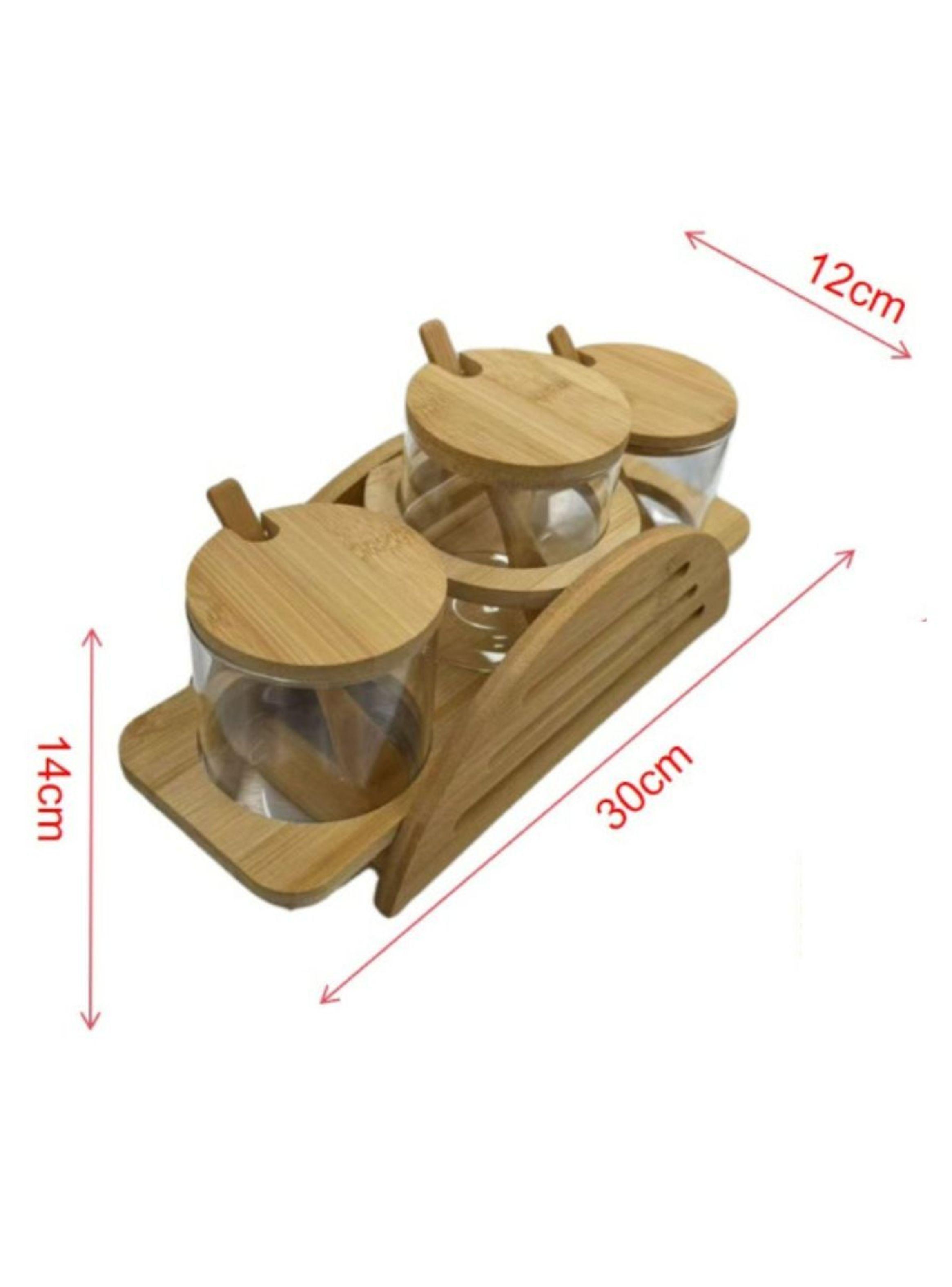 Set 3 Frascos Para Condimentos Vidrio Tapa Bambu Con Soporte-3