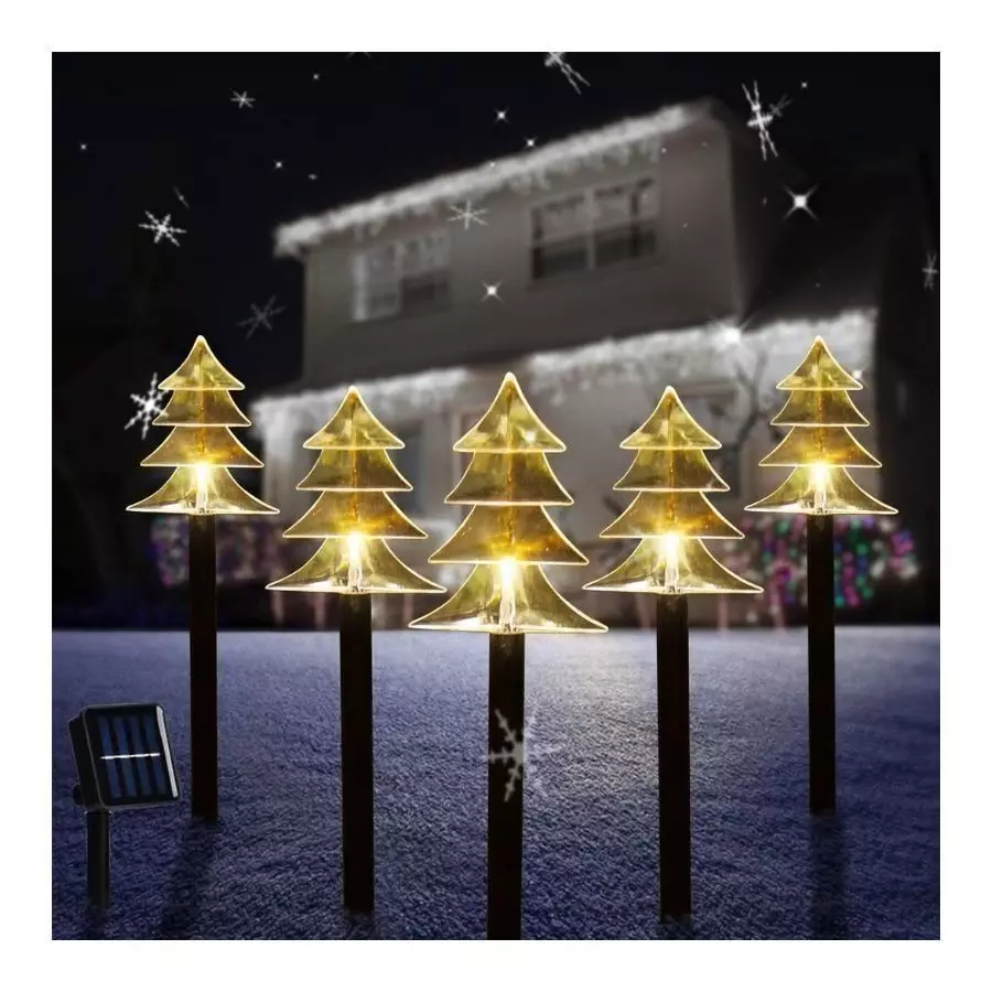 Pack 5 Estacas Arbolitos De Navidad Luces Solares-2