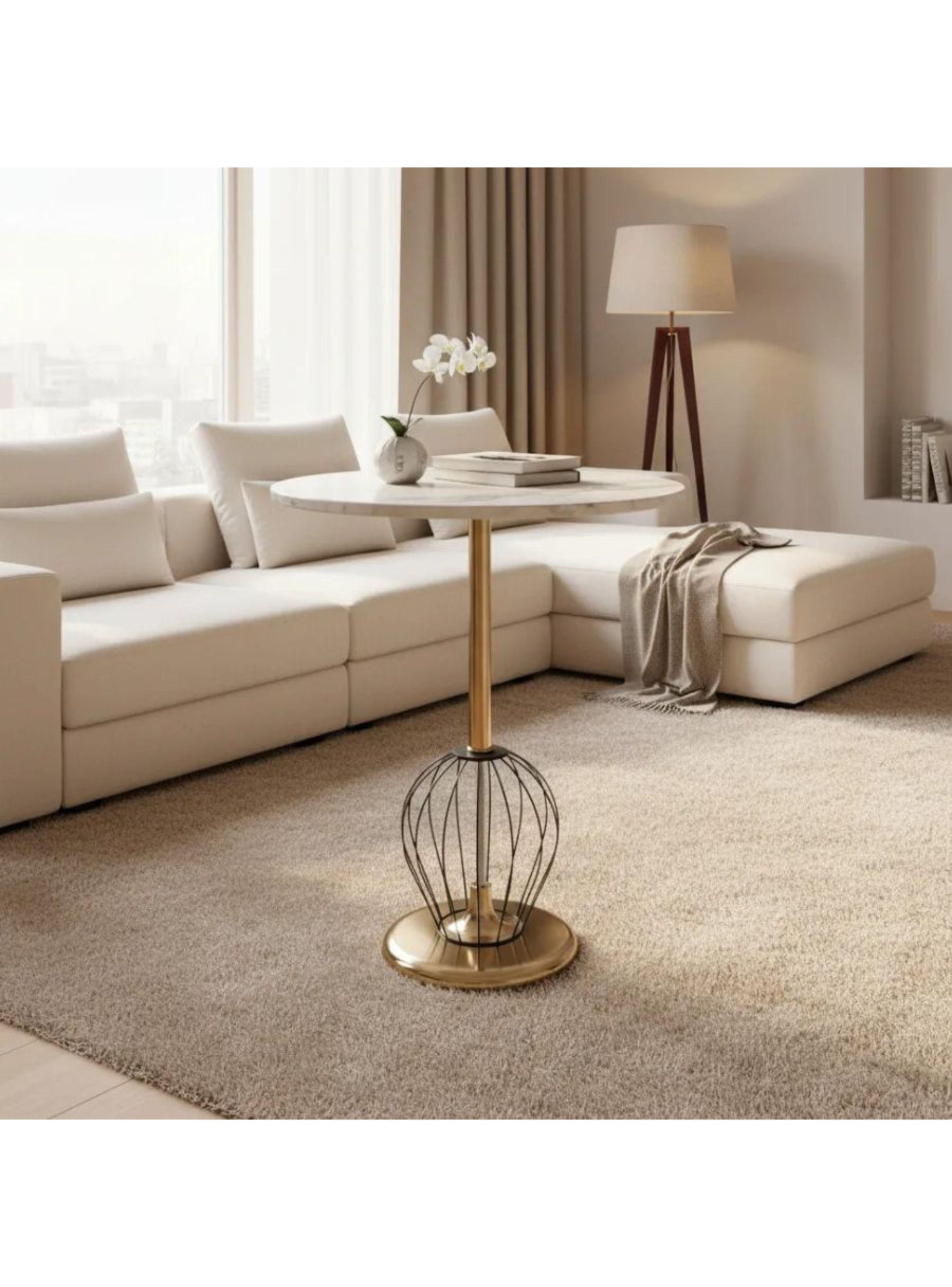 Mesa De Centro Redonda Blanco Con Dorado -4