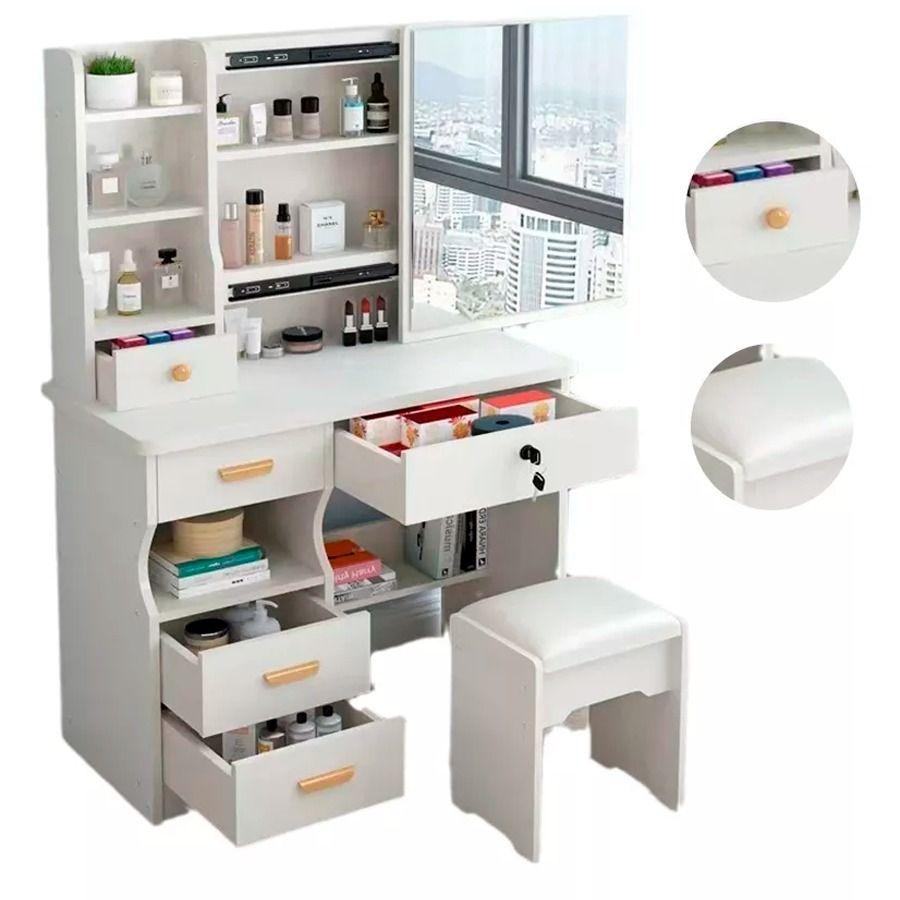 Tocador Con Taburete Blanco Y Espejo Giratorio 138x80x40cm -0