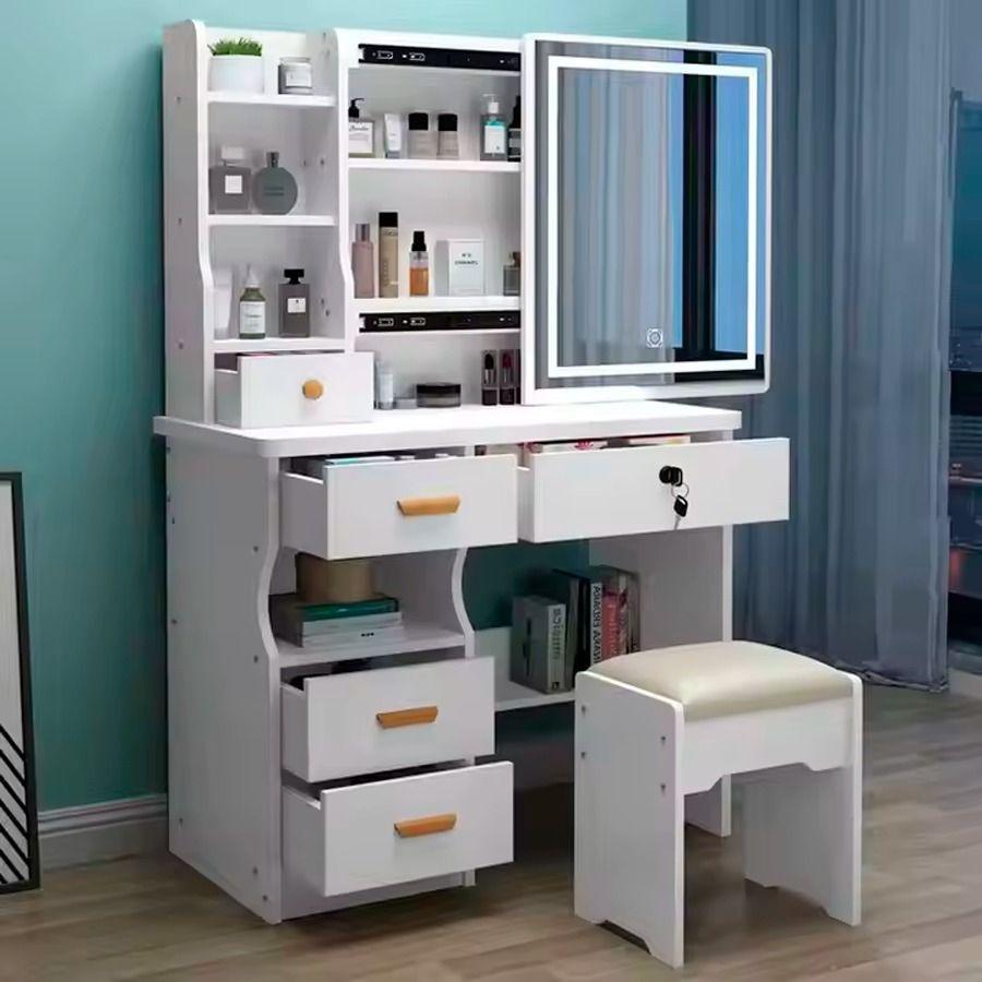 Tocador Con Taburete Blanco Y Espejo Giratorio 138x80x40cm -2