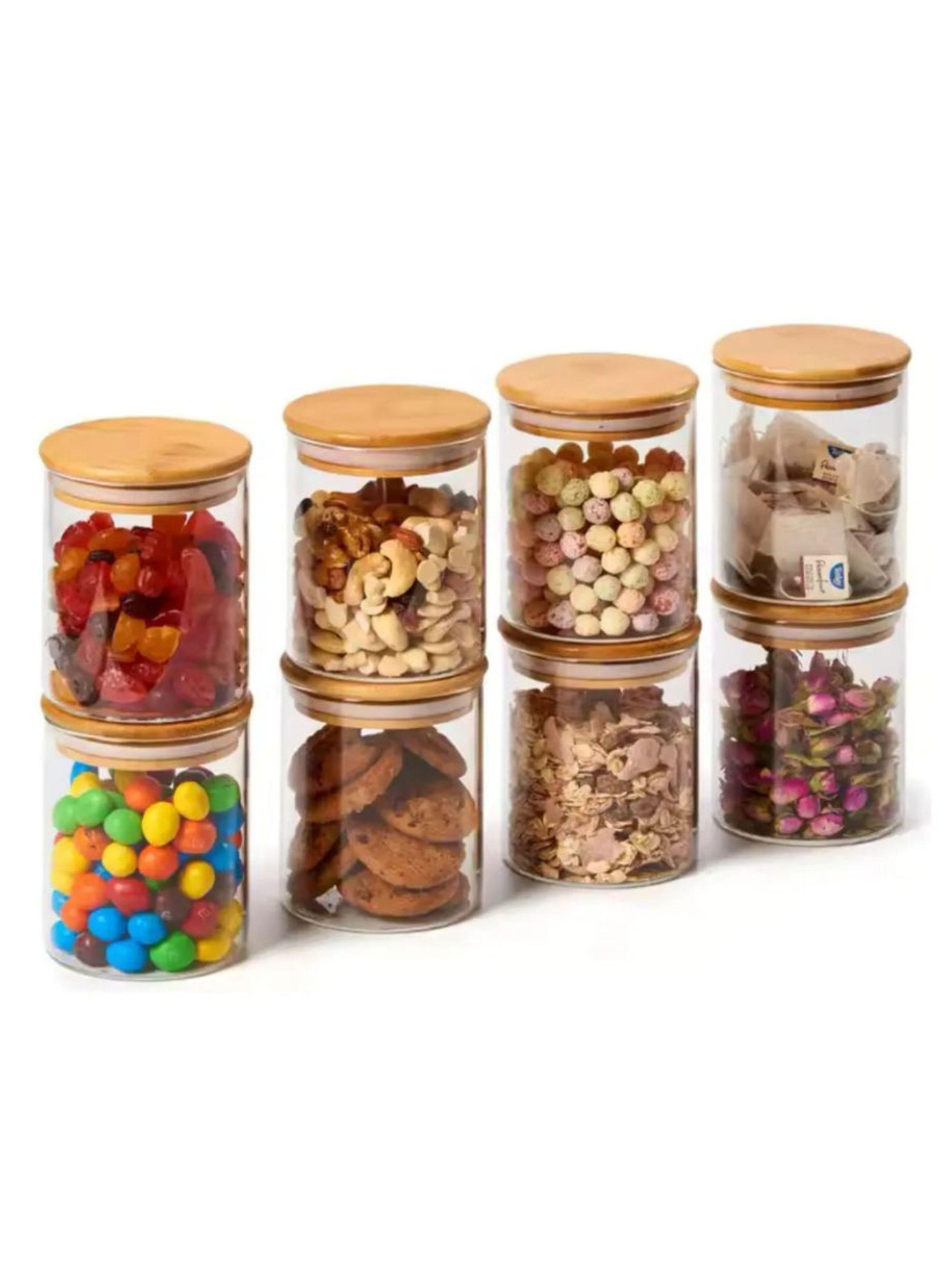 Set 8 Frascos Para Condimentos Vidrio Tapa Bambu Con Soporte-0