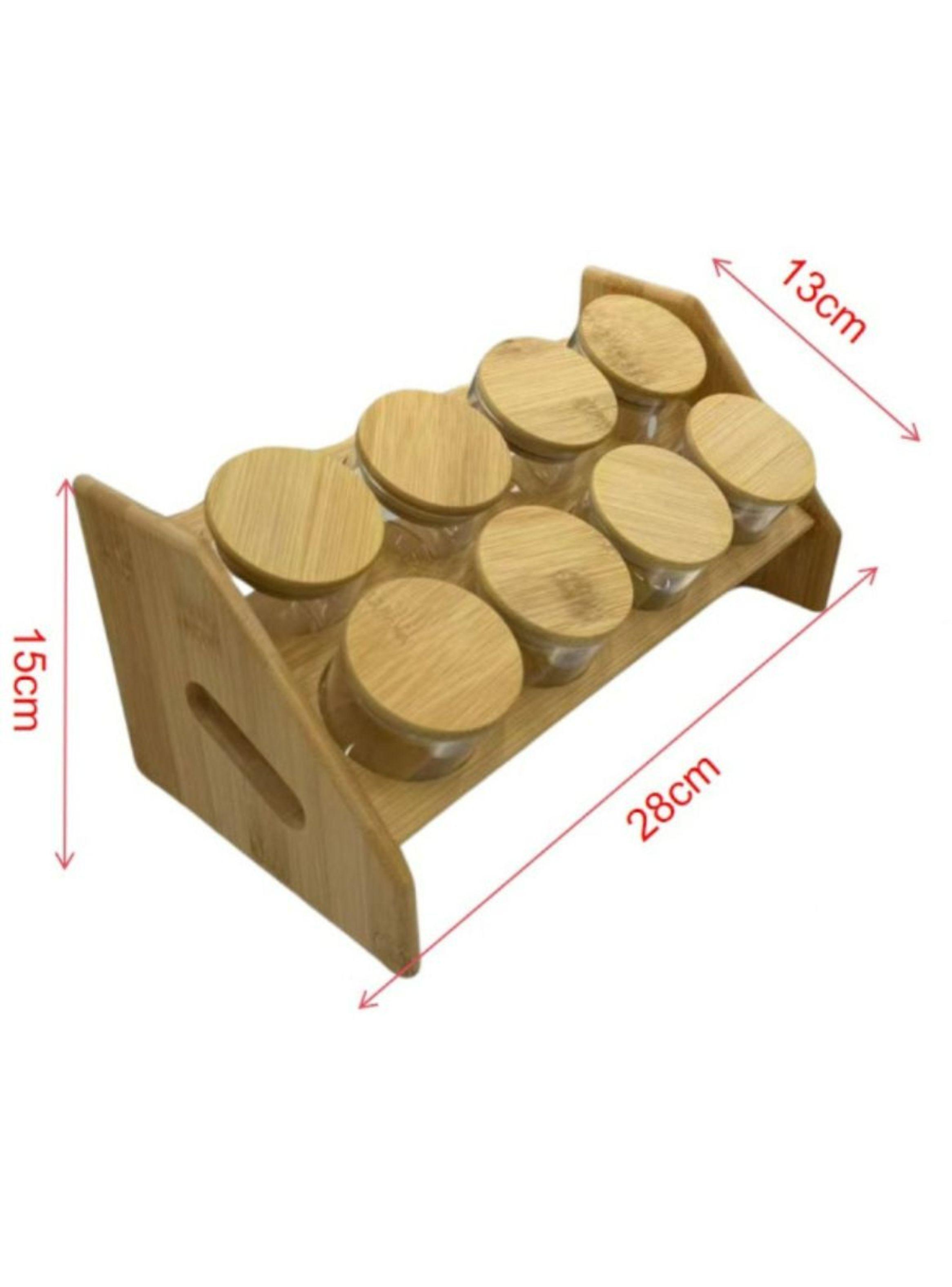 Set 8 Frascos Para Condimentos Vidrio Tapa Bambu Con Soporte-3