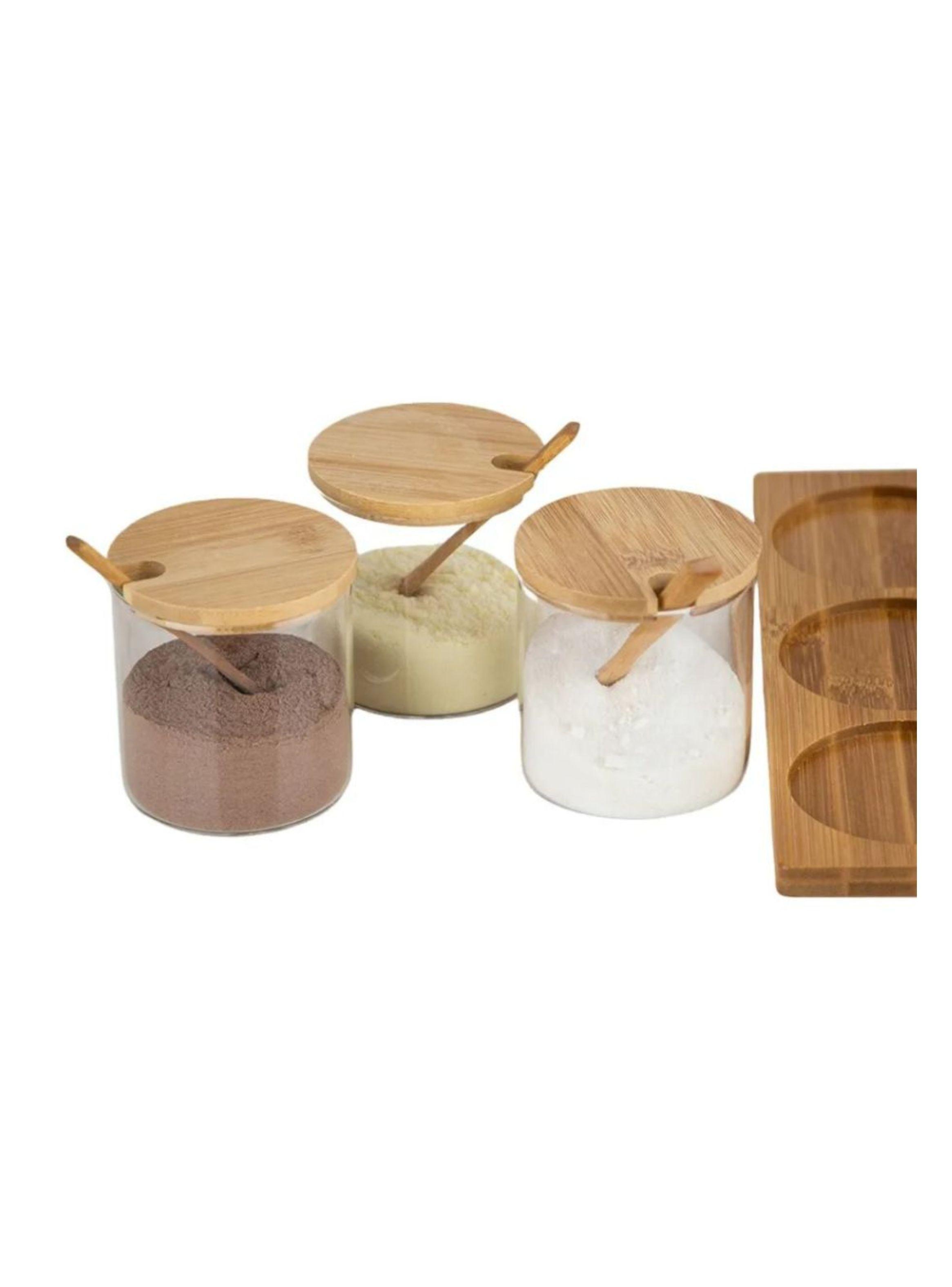 Set 3 Frascos Para Condimentos Vidrio Tapa Bambu Con Base-1