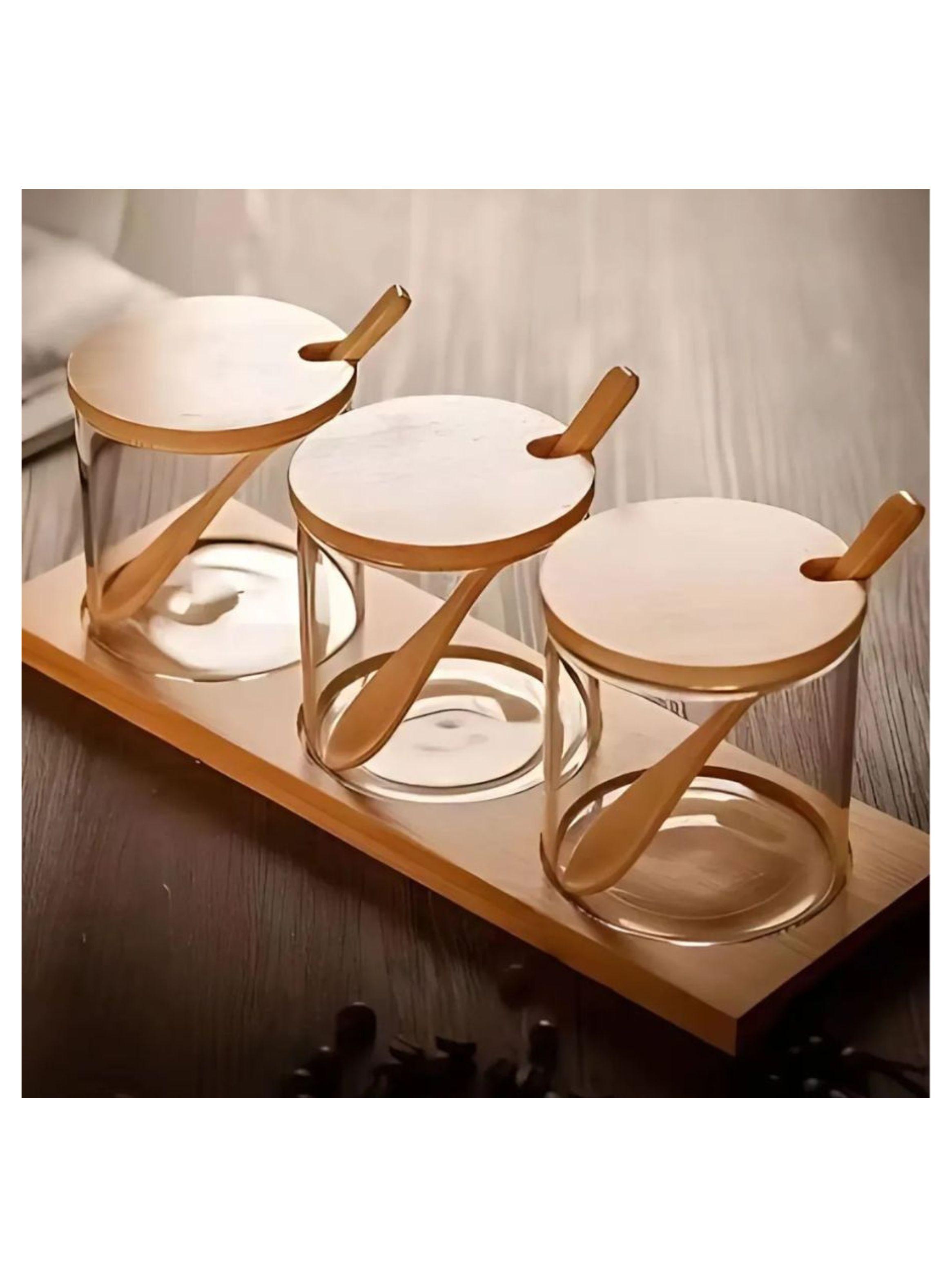 Set 3 Frascos Para Condimentos Vidrio Tapa Bambu Con Base-2