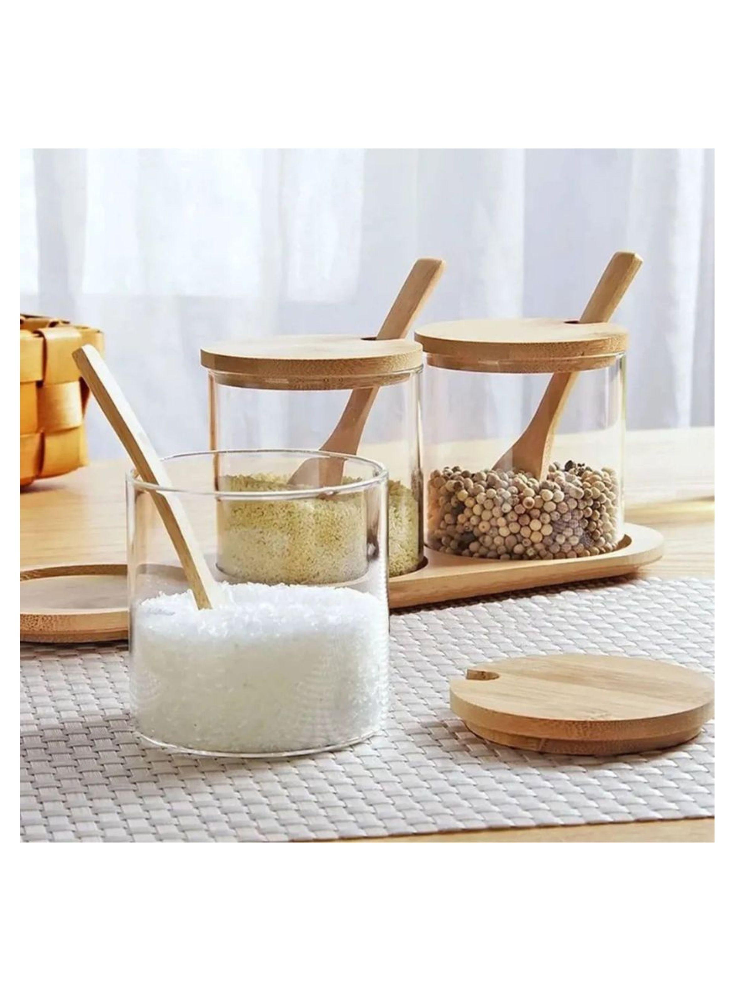 Set 3 Frascos Para Condimentos Vidrio Tapa Bambu Con Base-3