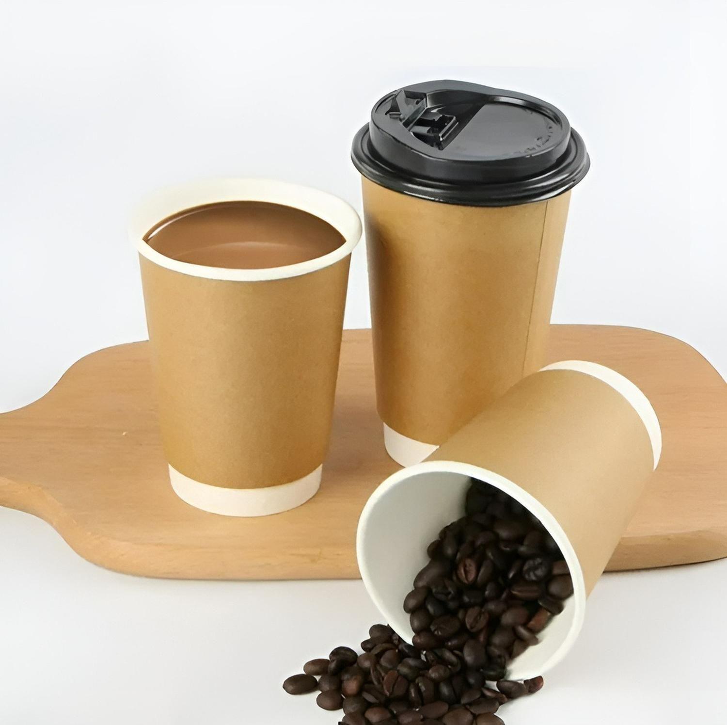 Set 100 Vasos Desechables Kraft Vaso Doble Pared C/tapa 12oz Marrón Claro / Vaso Kraft Doble Pared 1-3