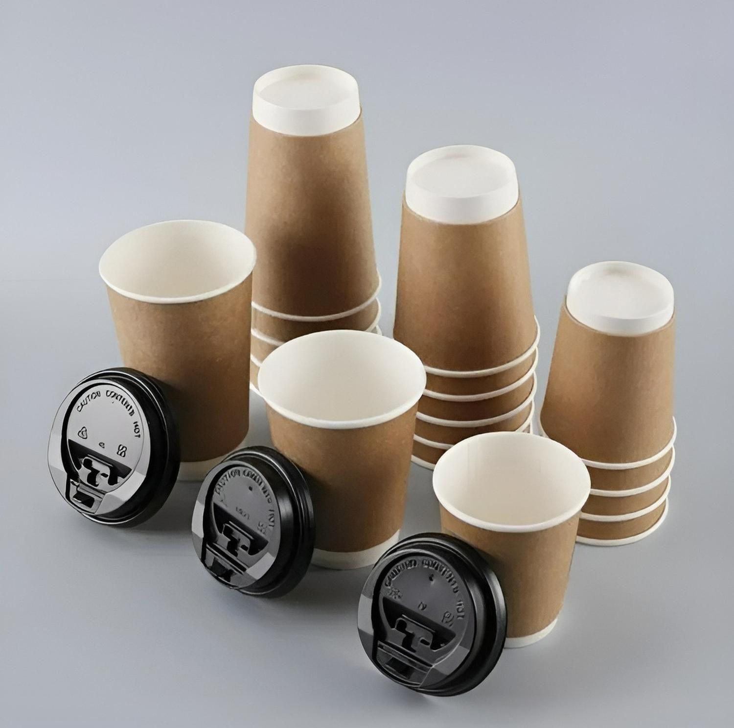 Set 100 Vasos Desechables Kraft Vaso Doble Pared C/tapa 12oz Marrón Claro / Vaso Kraft Doble Pared 1-7