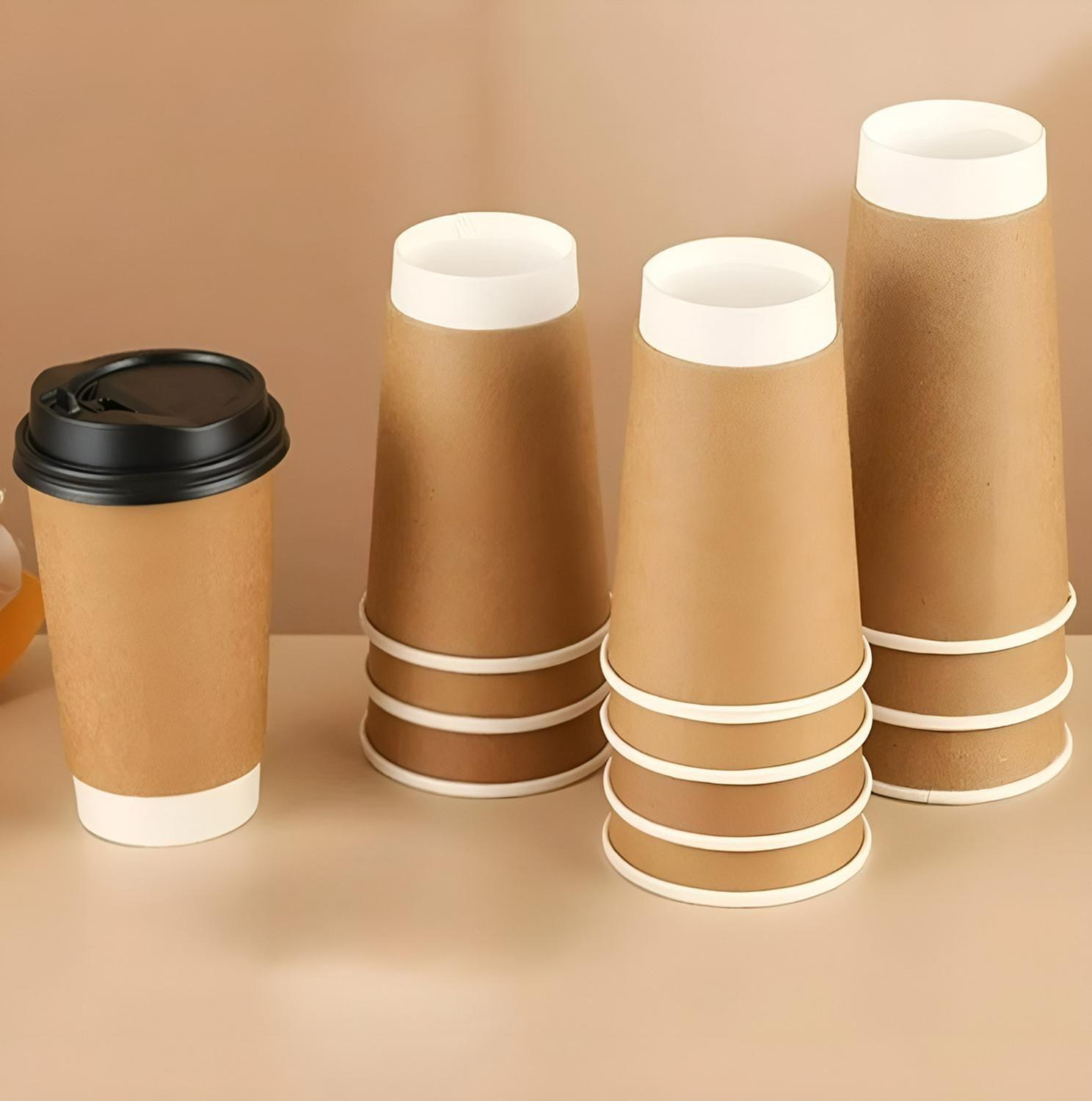 Set 100 Vasos Desechables Kraft Vaso Doble Pared C/tapa 12oz Marrón Claro / Vaso Kraft Doble Pared 1-9