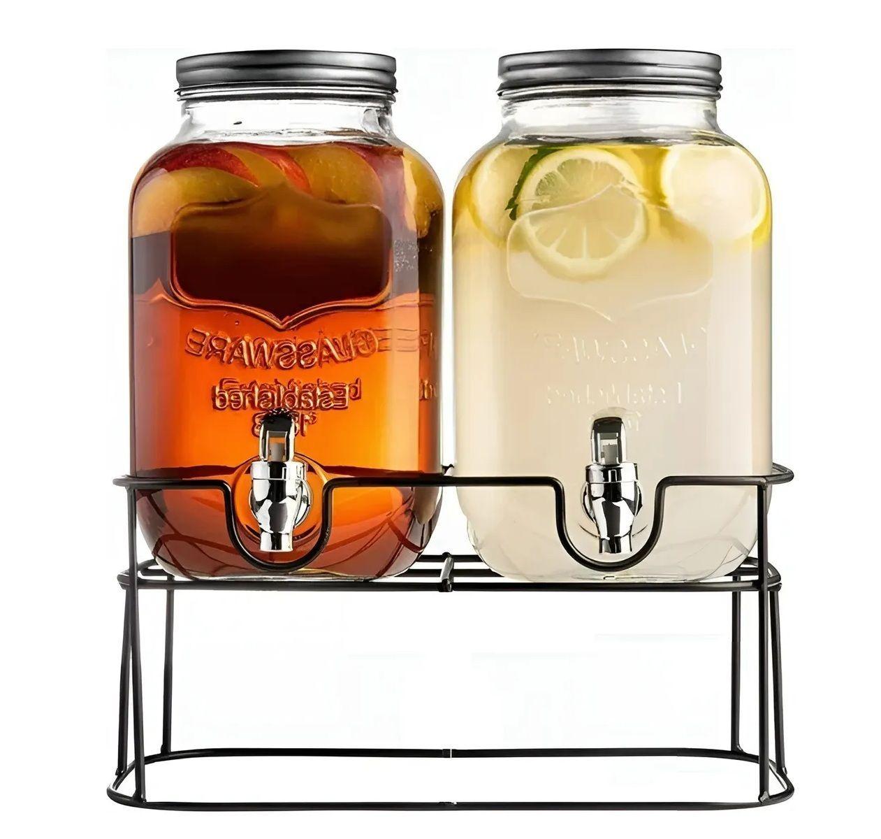 Dispensador De Bebidas Jarro De Vidrio Doble Para Jugos 4l-4