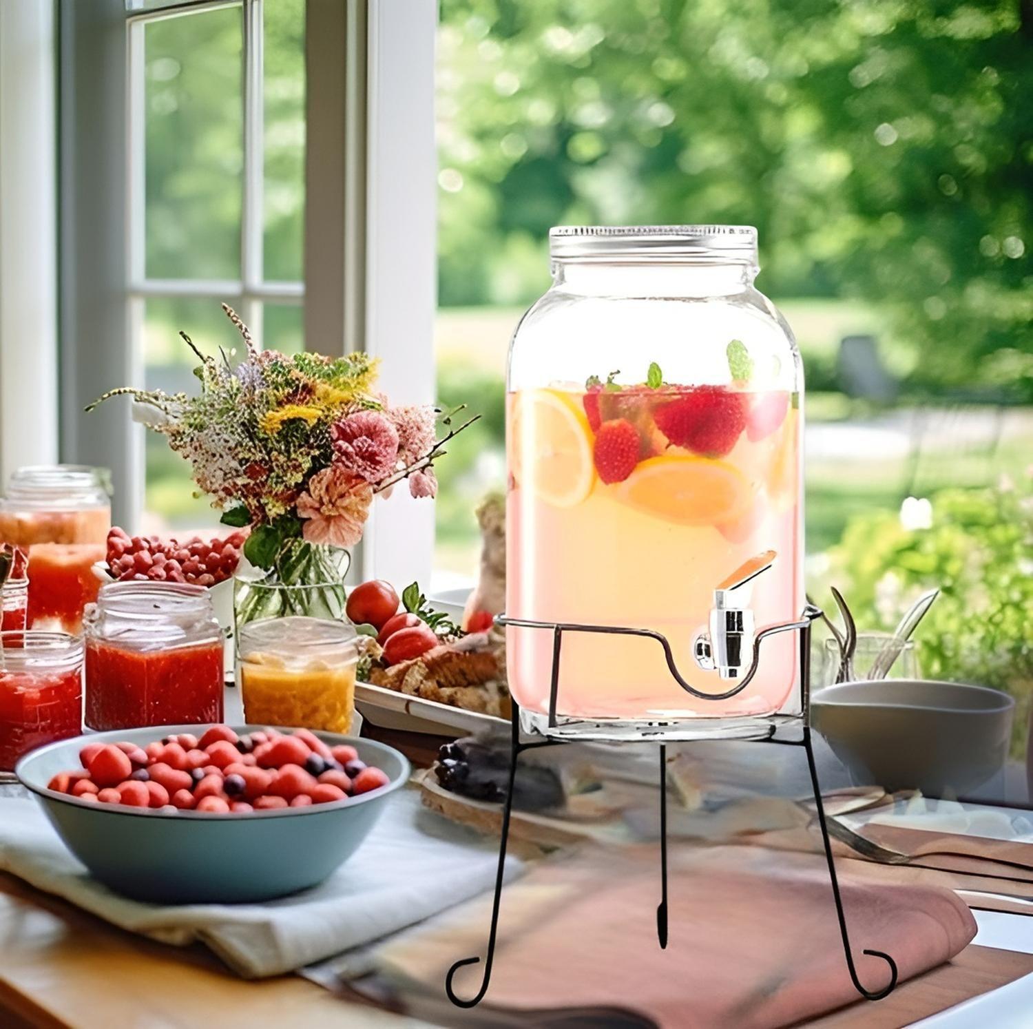 Jarro De Vidrio Dispensador De Bebidas Con Atril Jarros 4l-8
