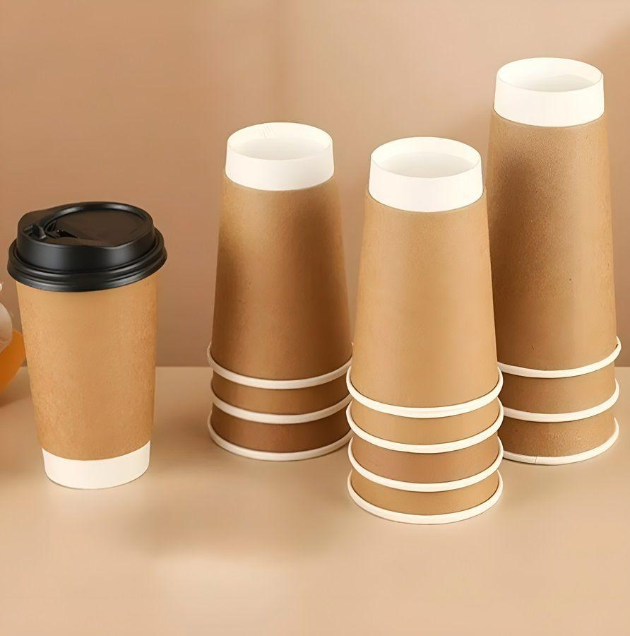 25 Vasos Desechables Vaso Cafe Kraft Doble Pared C/tapa 12oz-3