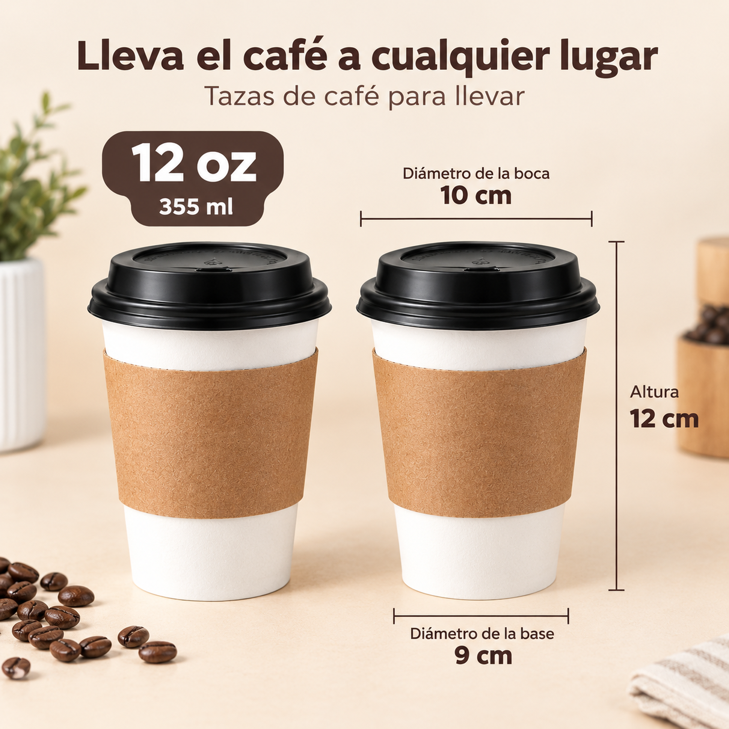 Pack x1000 Vasos Cafe Polipapel Vaso C/tapa+manga Vasos Kraft 12oz-2