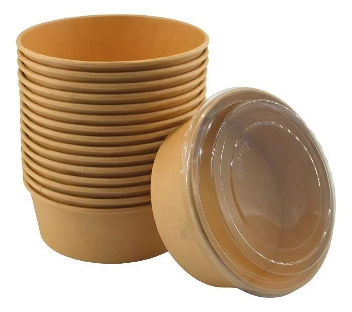 Pack X200 Bowls Plastico Bowl Con Tapa Polipapel Kraft 500cc Beige -7
