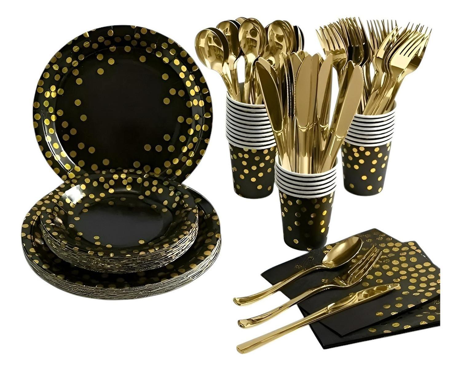 X110 Kit Cumpleaños Vasos Platos Servilletas Desechables (Negro/ Lunares Dorado)-3