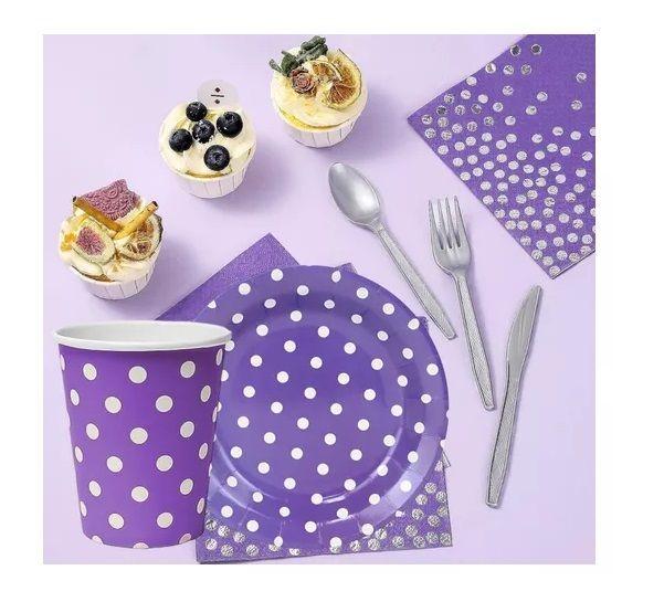 20 Set Cumpleaños Vasos Plato Desechable Morado-6