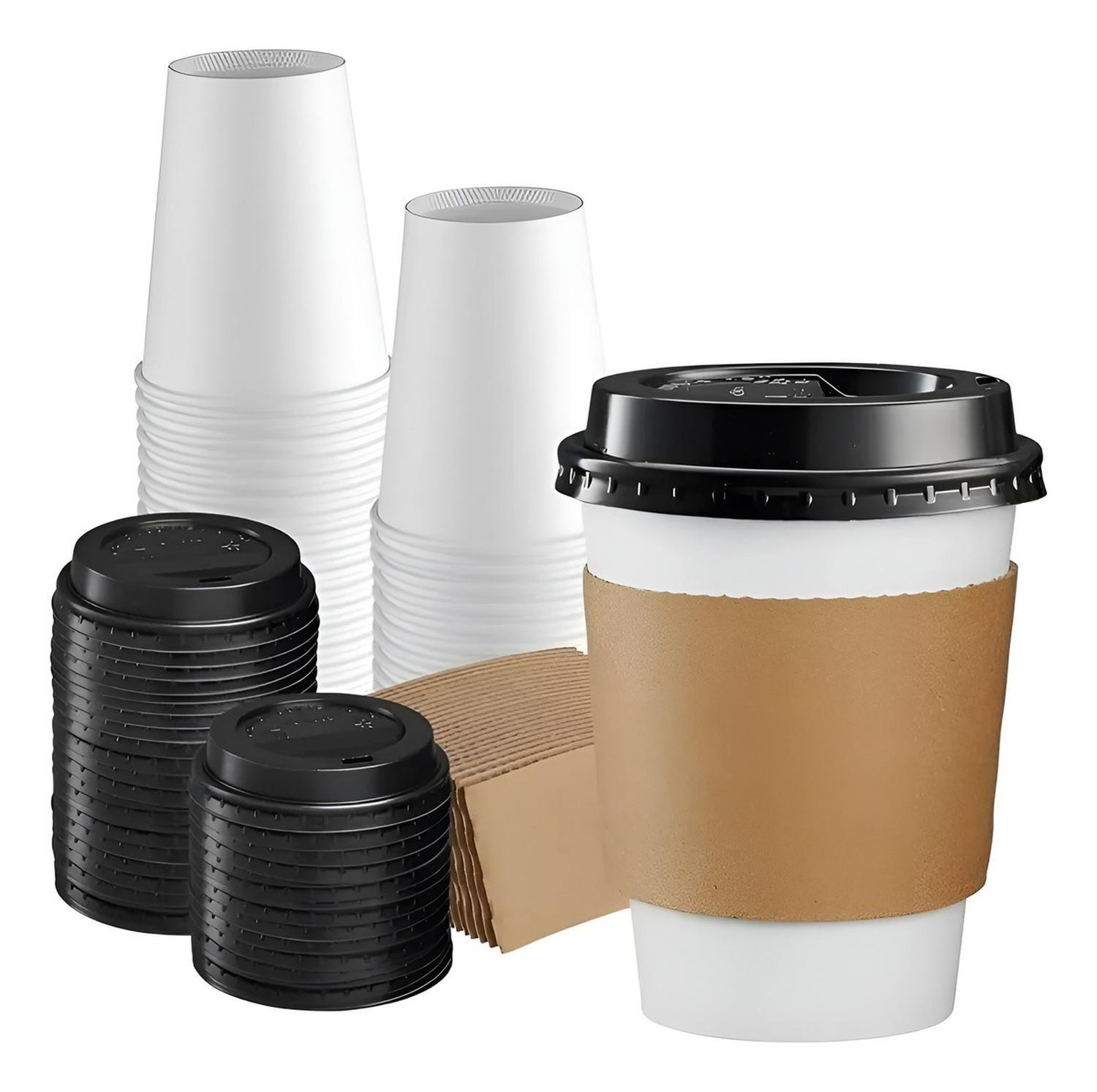 100 Vasos Polipapel Vasos Para Cafe C/tapa+manga 296ml/ 10oz Blanco / Vaso 10oz-0