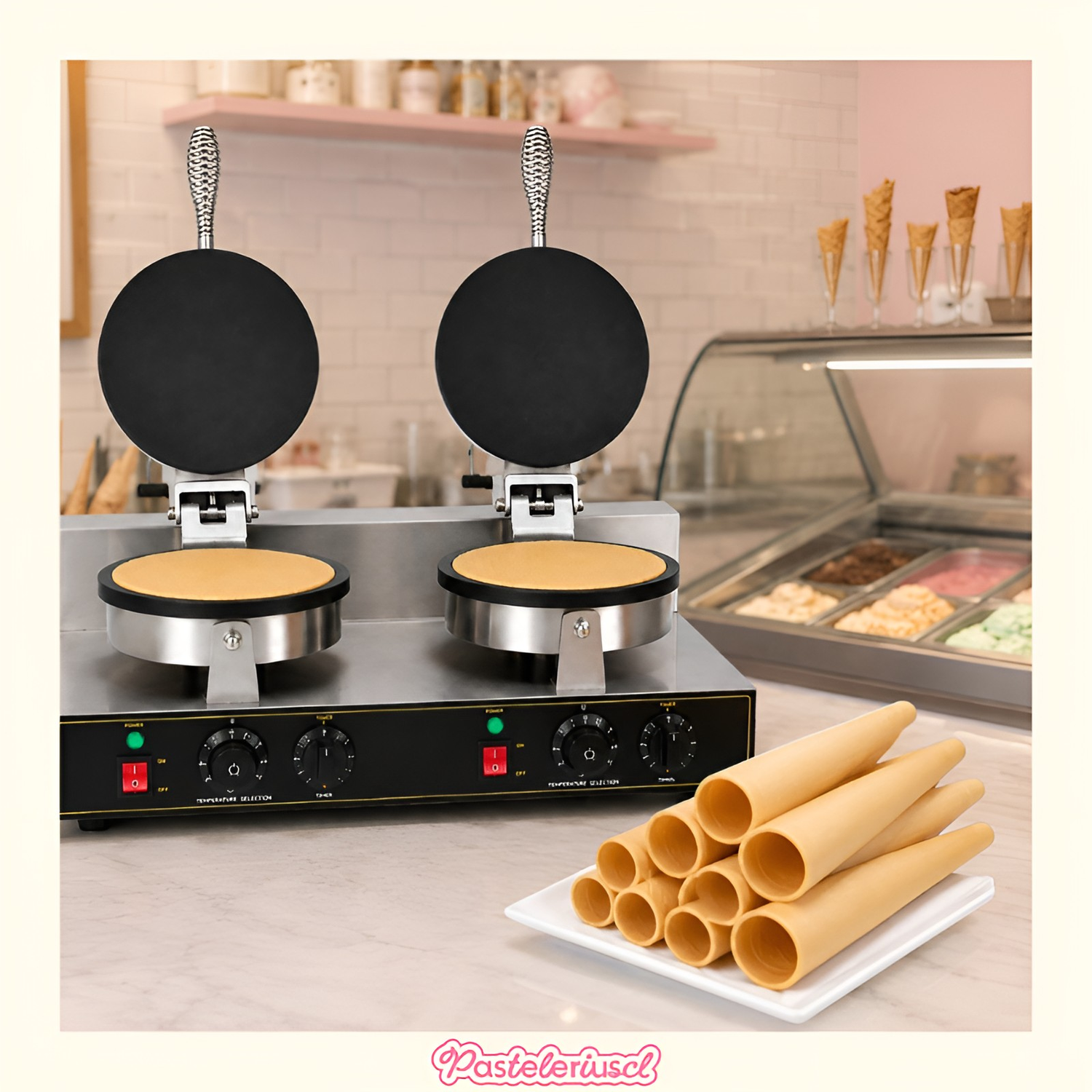 Máquina de cono de helado doble waffles cuchuflís 2.4W wafleras de rollo cuchuflís-6