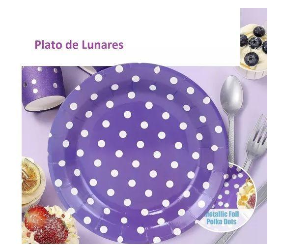 20 Set Cumpleaños Vasos Plato Desechable Carton Morado Lunar-6