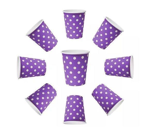 20 Set Cumpleaños Vasos Plato Desechable Carton Morado Lunar-4