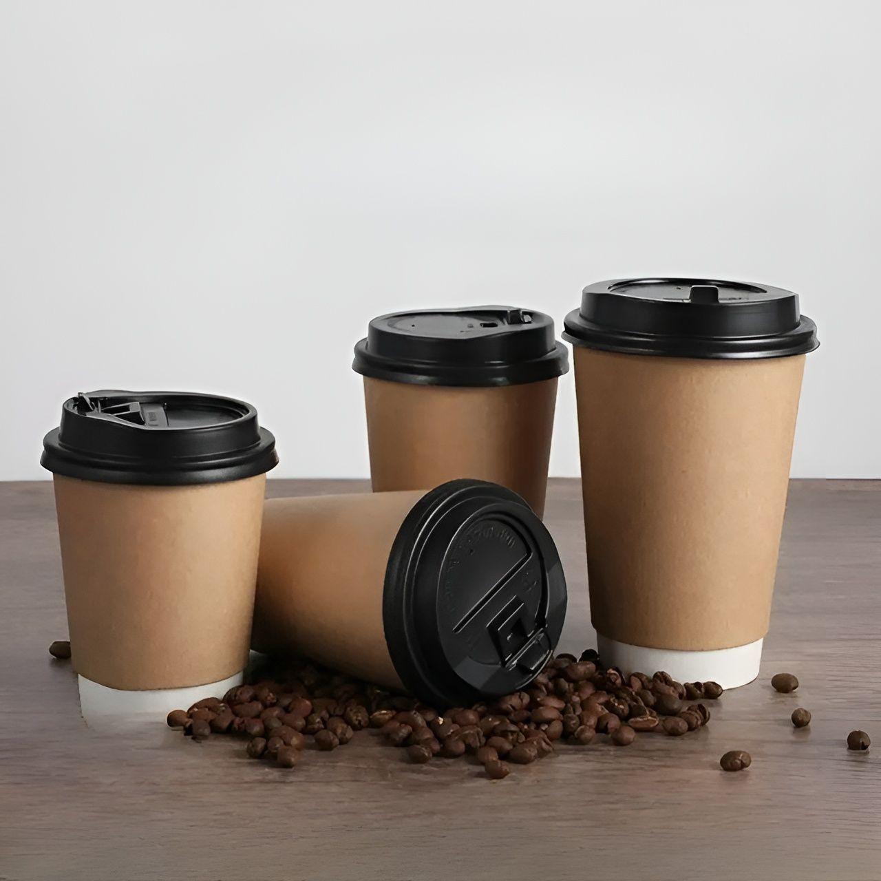 Set 100 Vasos Desechables Kraft Vaso Doble Pared C/tapa 8oz-7