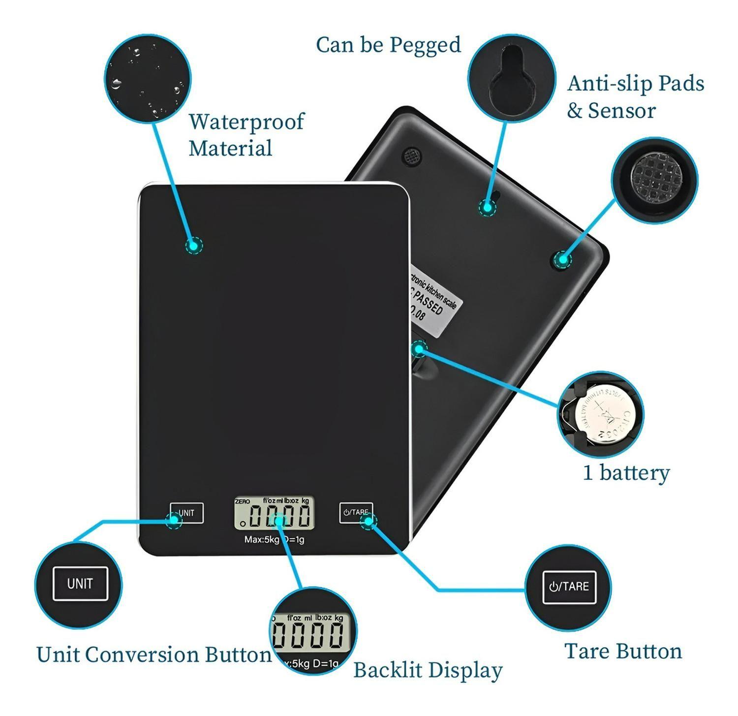 Gramera Digital Pesa Gramera Cocina Pesa Alimentos 5kg/0.01g Negro 5 Kg-5
