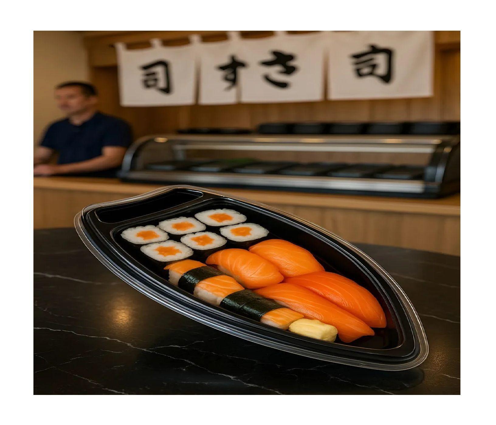 100 Envases Sushi Envase Negro Sushi Barco Desechables 30cm-5