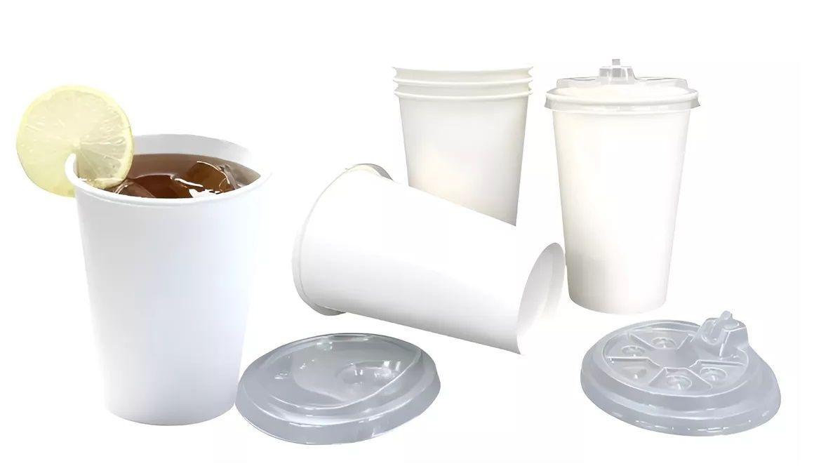 150 Vasos plasticos desechables vasos polipapel c/tapa 12 Oz-0