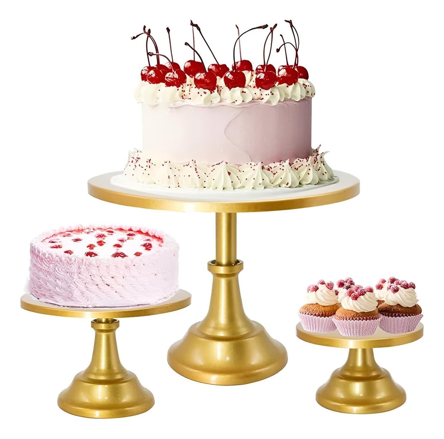 Set 3 Porta Cupcake Base Para Tortas Porta Tortas Exhibicion Dorado-0