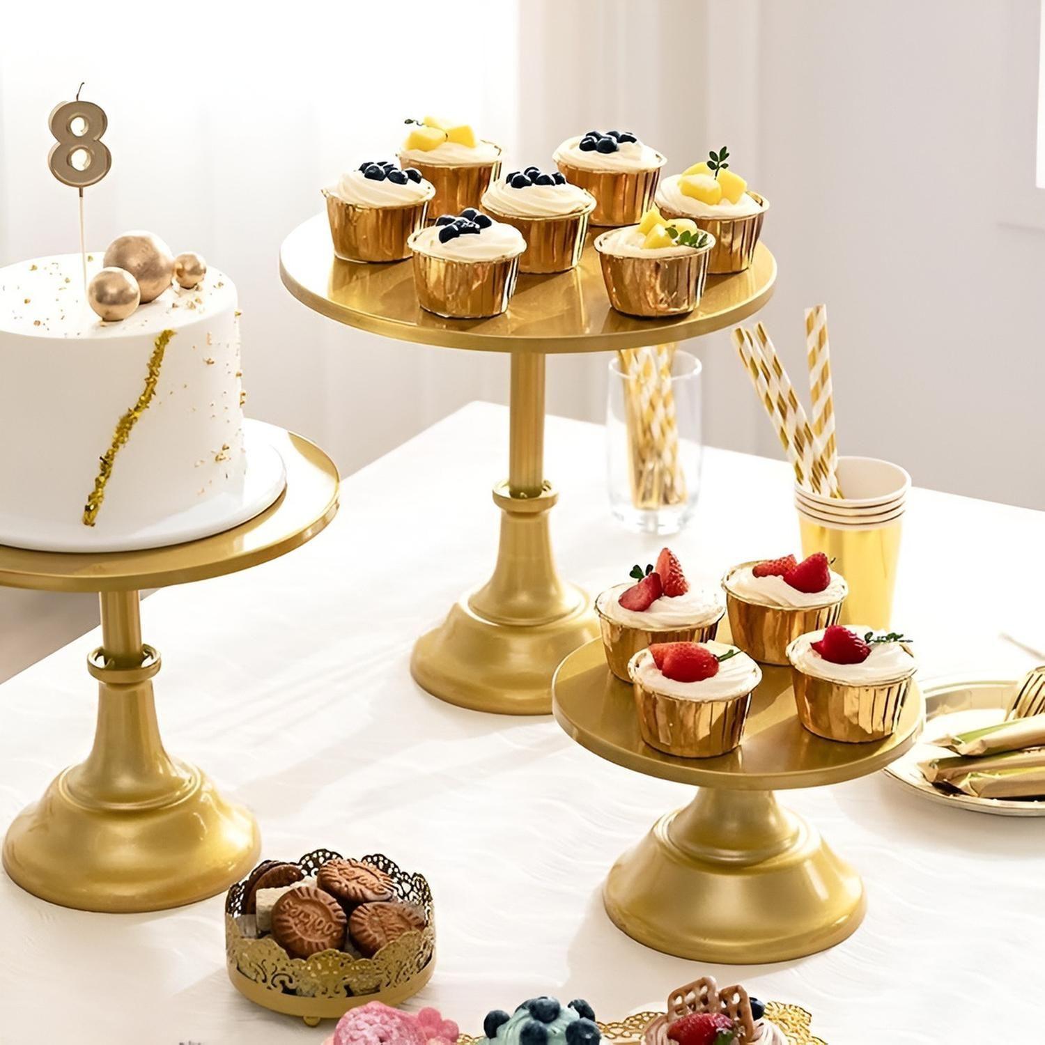 Set 3 Porta Cupcake Base Para Tortas Porta Tortas Exhibicion Dorado-9