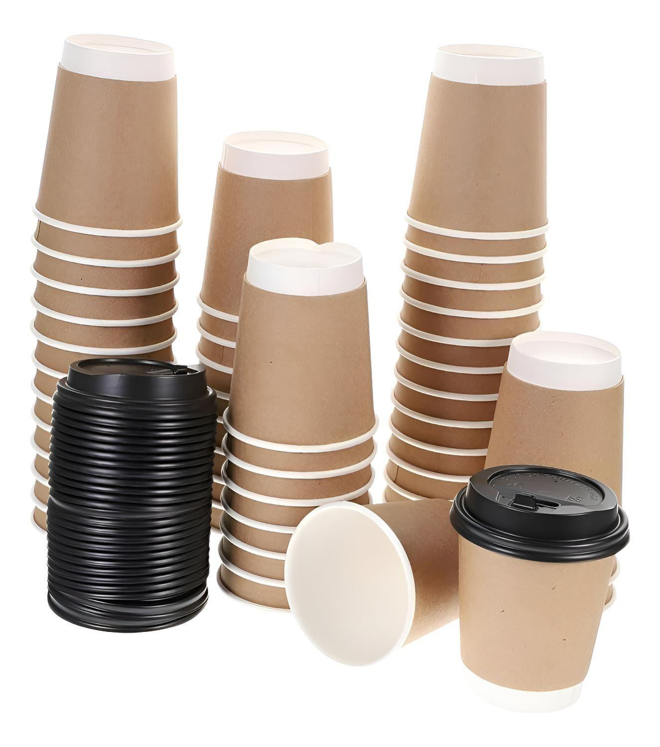 Pack X100 Vaso Desechables Vaso Kraft Doble Pared C/tapa 8oz Color Marrón Claro Vaso Kraft Doble Par-0