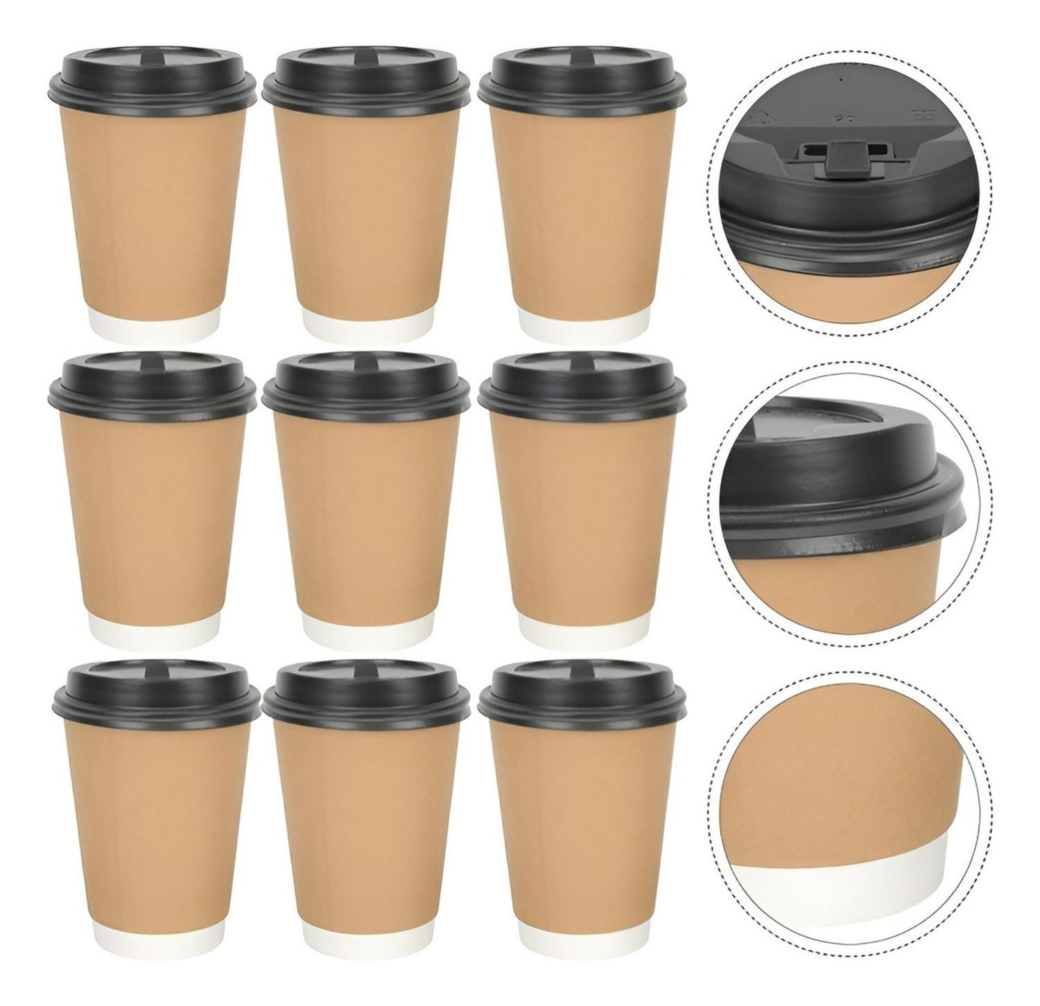 Pack X100 Vaso Desechables Vaso Kraft Doble Pared C/tapa 8oz Color Marrón Claro Vaso Kraft Doble Par-4