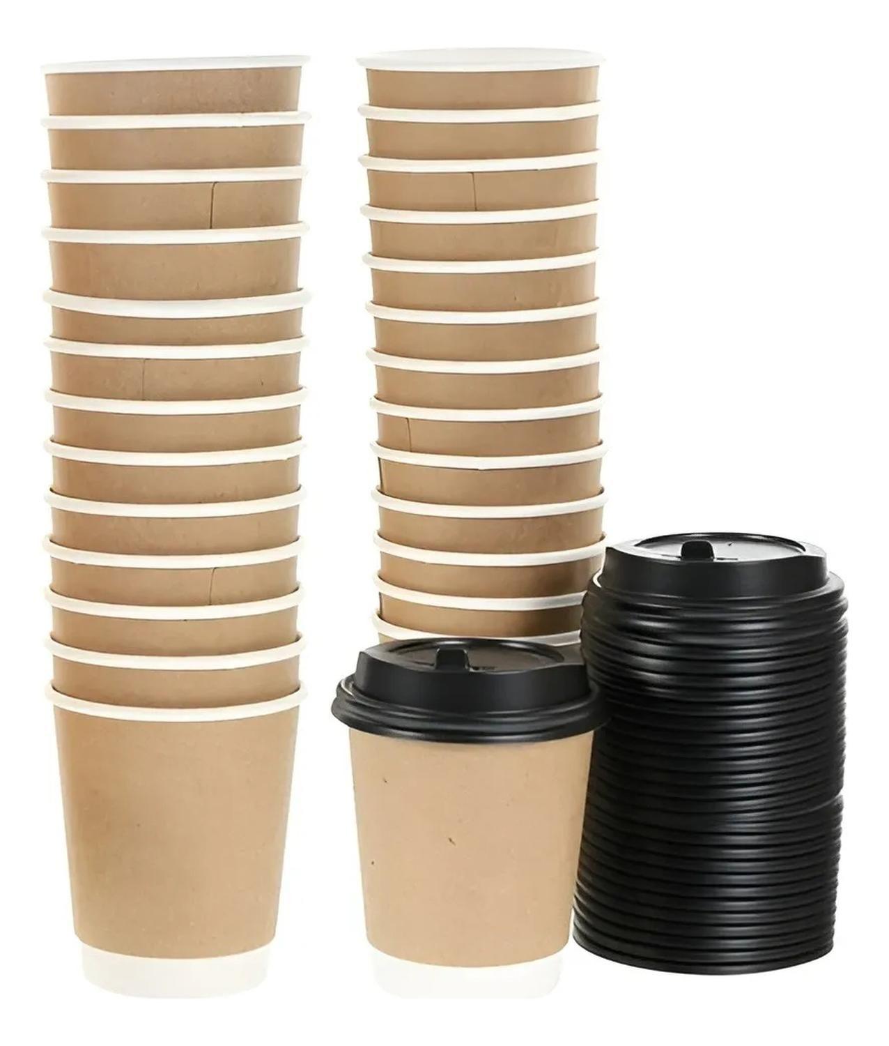 Pack X100 Vaso Desechables Vaso Kraft Doble Pared C/tapa 8oz Color Marrón Claro Vaso Kraft Doble Par-9