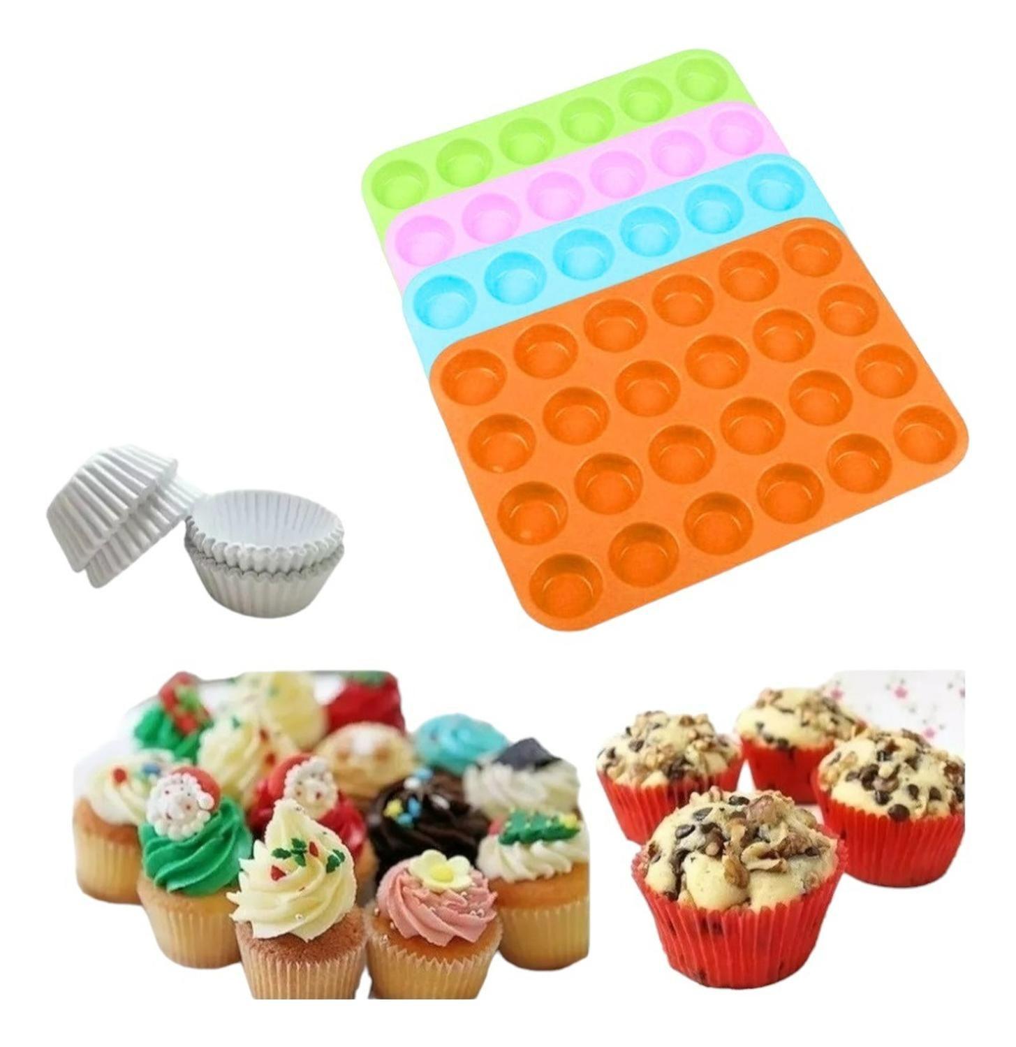 100 Capsulas Para Hornear 4cm + Molde Muffin Mini 24 Cupcake Multicolor-0