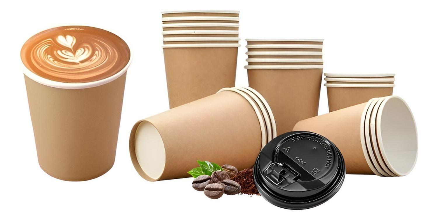 X200 Vasos Para Cafe Vaso Liso Polipapel Kraft C/tapa 8oz Marrón Claro / Vaso Kraft Liso 8oz-0