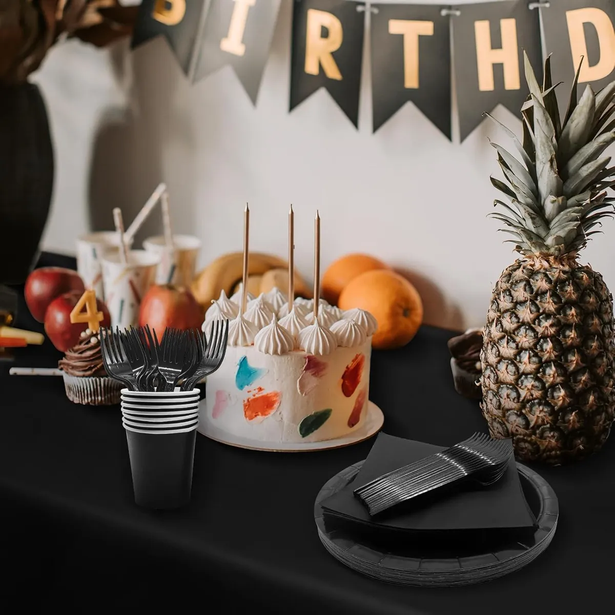 Set Cumpleaños Vaso Servilleta Plato Desechable 20 P/p Negro Negro-2