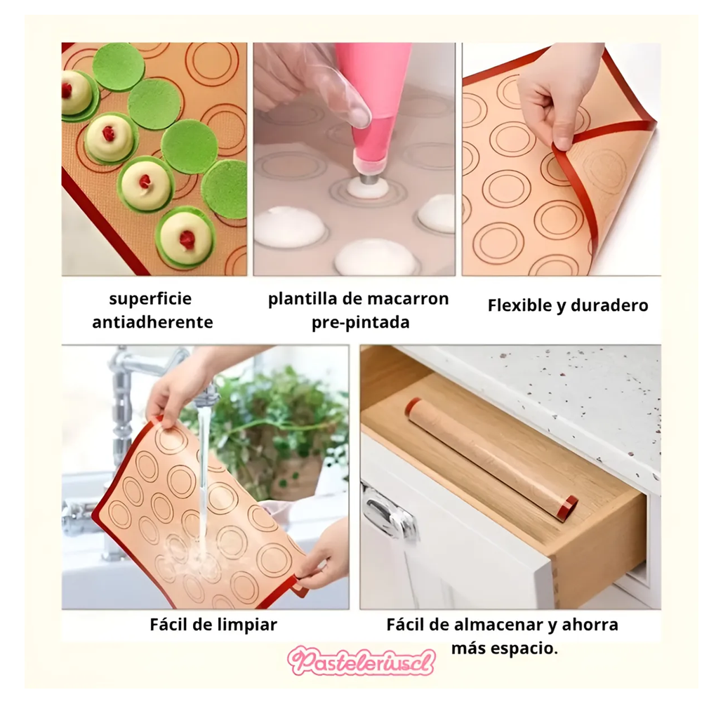 Lamina De Silicona Horno Silpat Silicona Tapete 30 Macarrons Rojo Con Beige-7
