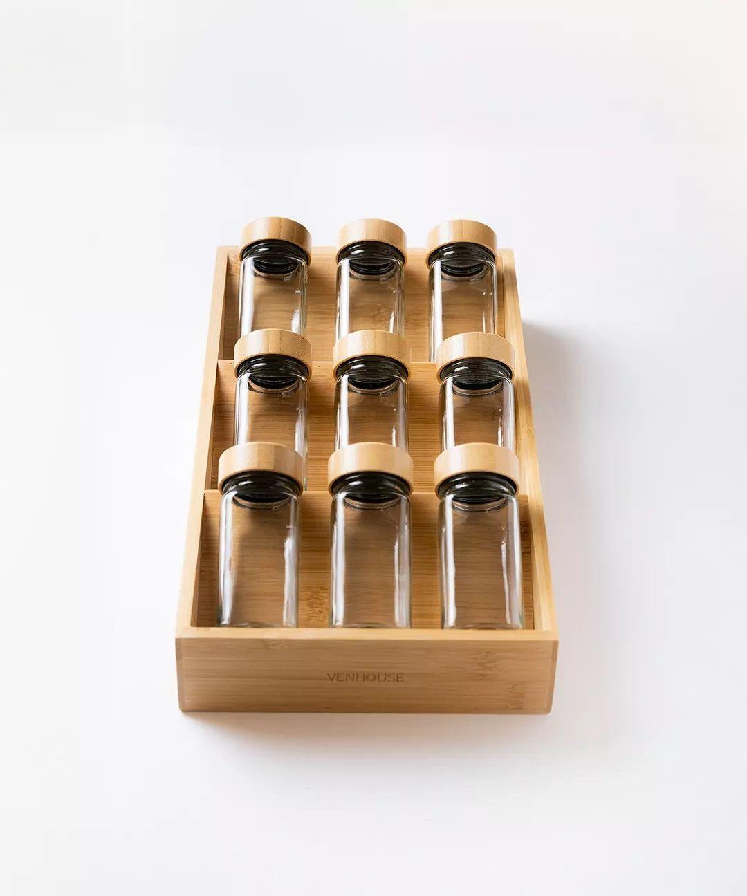 9 Especieros Condimenteros Con Rack De Bambú Cocina Etiqueta Blanca-0