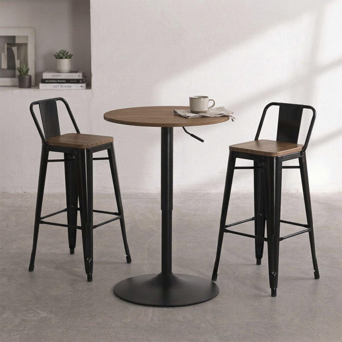 Set Mesa Lorven Madera Clara Altura Ajustable Diámetro 60cm con 2 Taburetes Tolix Madera Oscura-0