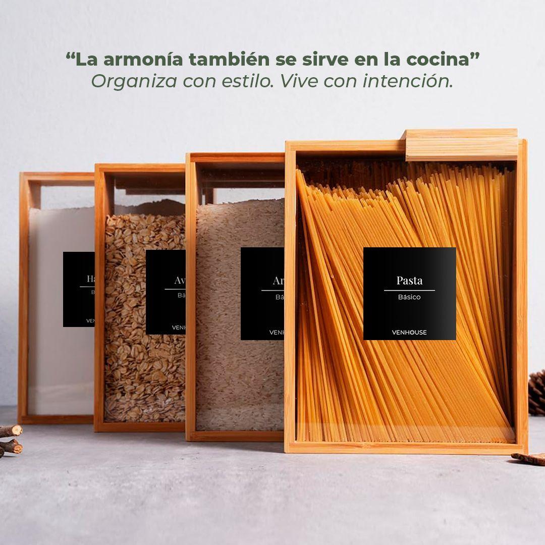 4 Contenedor Hermético Despensa Vidrio Bambú 2200ml Etiqueta Negra-5