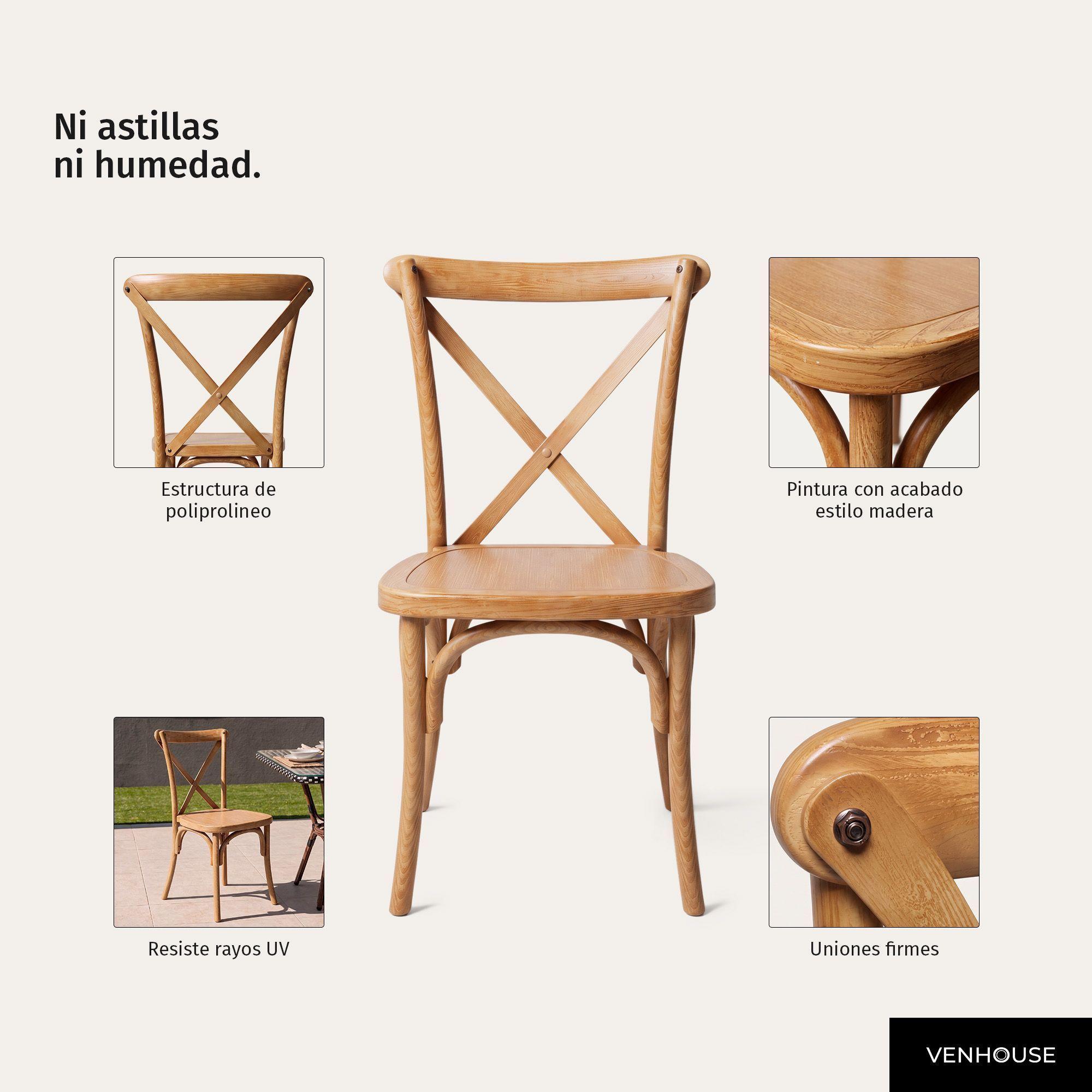 Silla Terraza Comedor Crossback Apilable Polipropileno Acabado Madera-4
