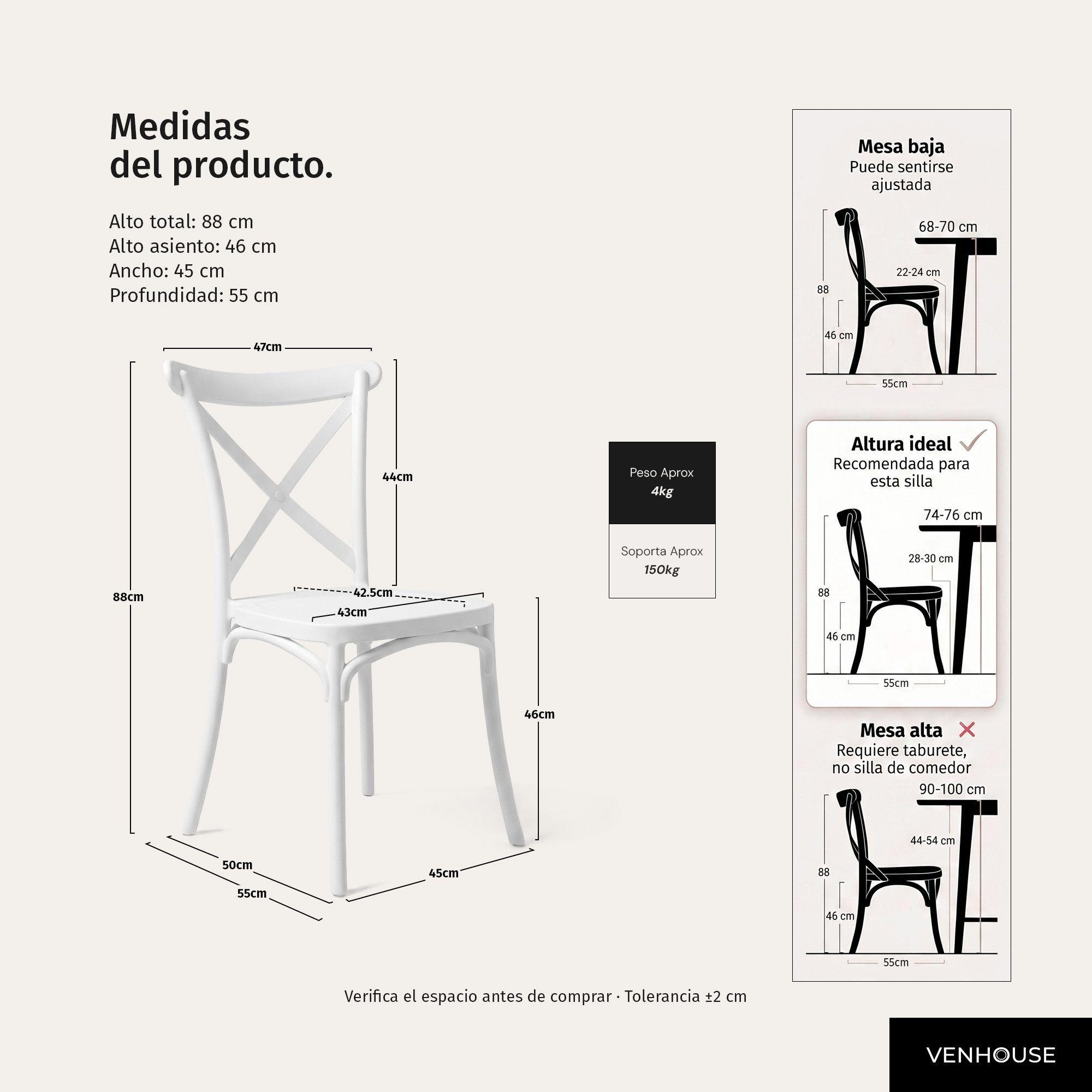 Pack 4 Sillas Comedor Terraza Polipropileno Crossback Blancas-3